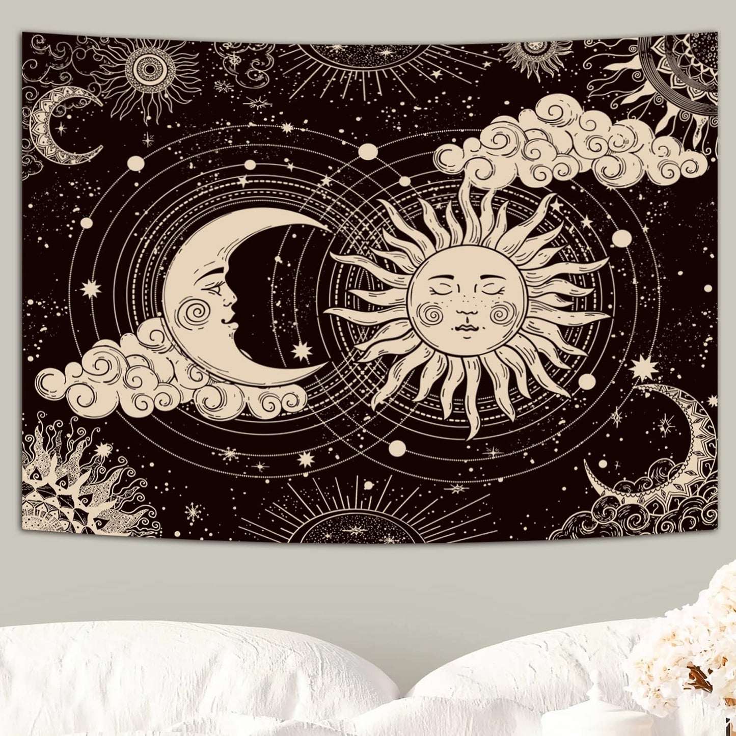 Wonrizon Sun and Moon Tapestry, Aesthetic Black Dark Spiritual Tapestries Mystic Burning Sun with Clouds Star Wall Hanging decor for Bedroom (30"x40")