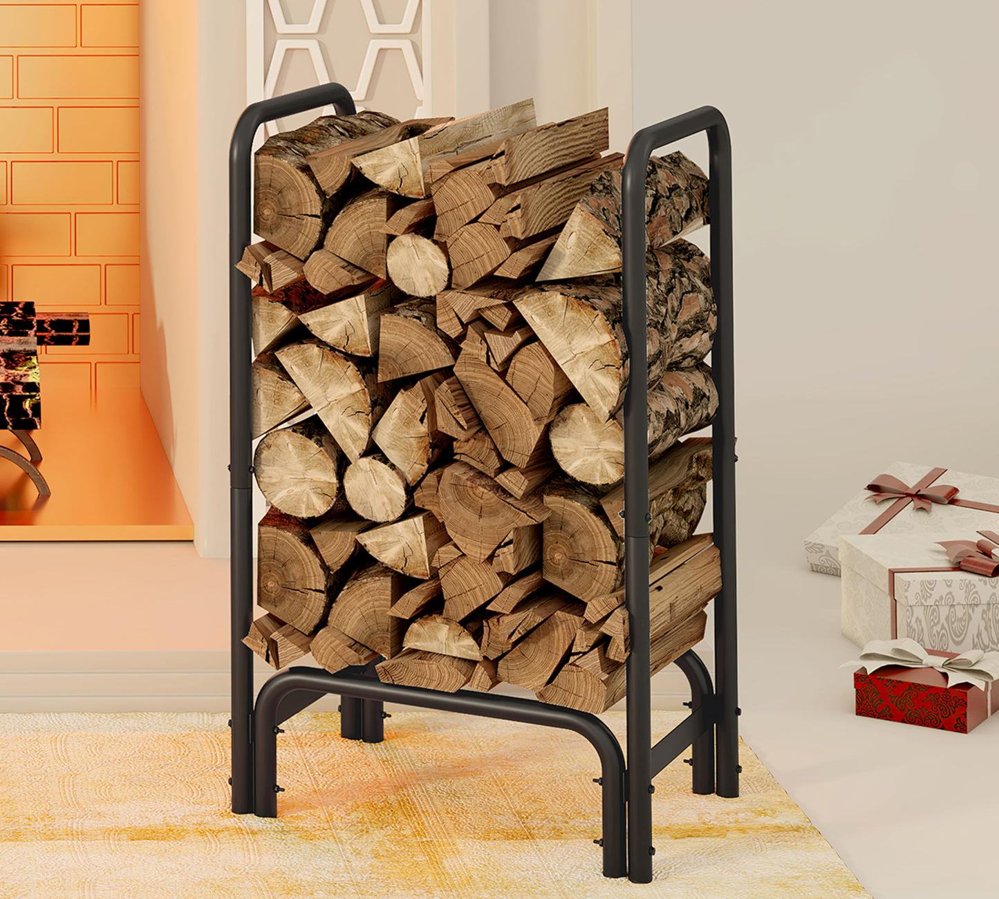 Kingson Firewood Rack Log Holder for Indoor Outdoor Fireplace Black Detachable Firewood Storage Log Storage Holder