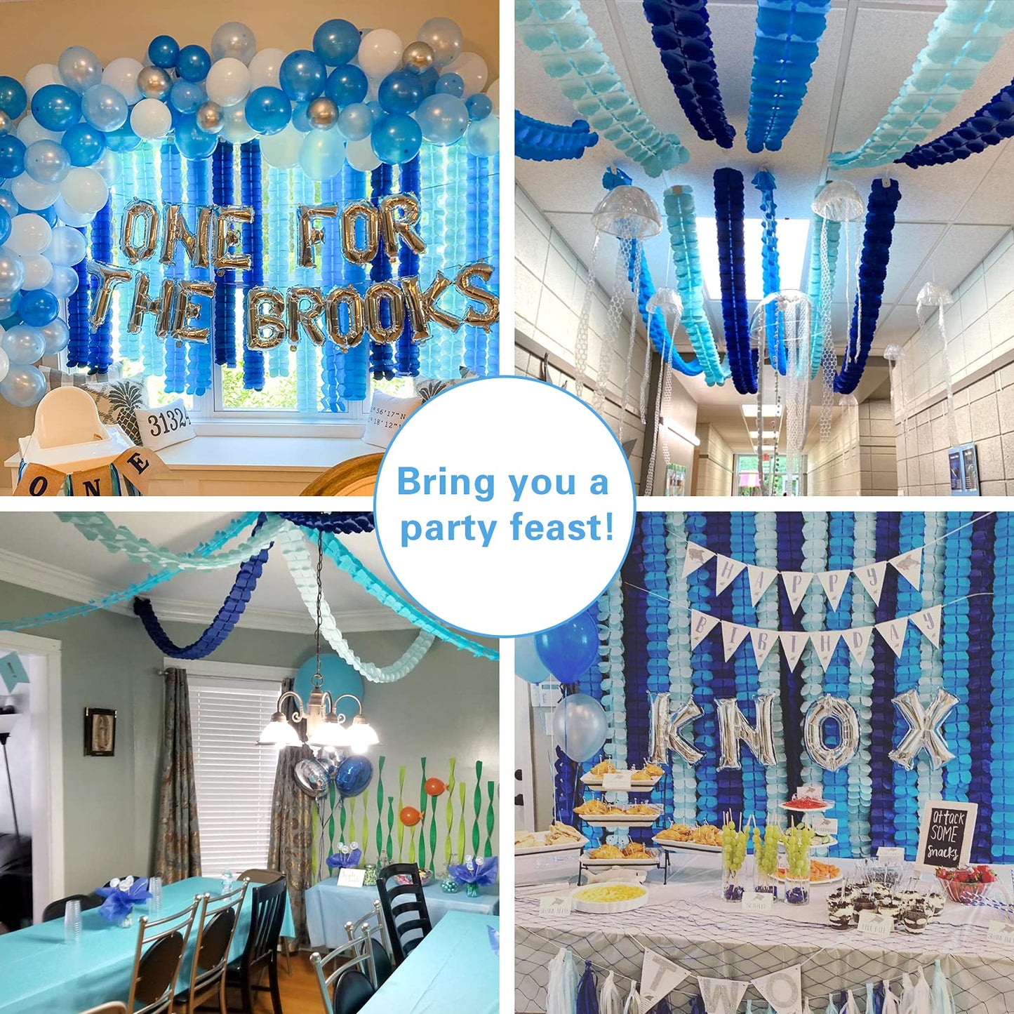 RUBFAC 6pcs Four-Leaf Clover Garland Party Blue and White Streamers Tissue Paper Hanging Flower Garland for Frozen Party Baby Shower Decoration