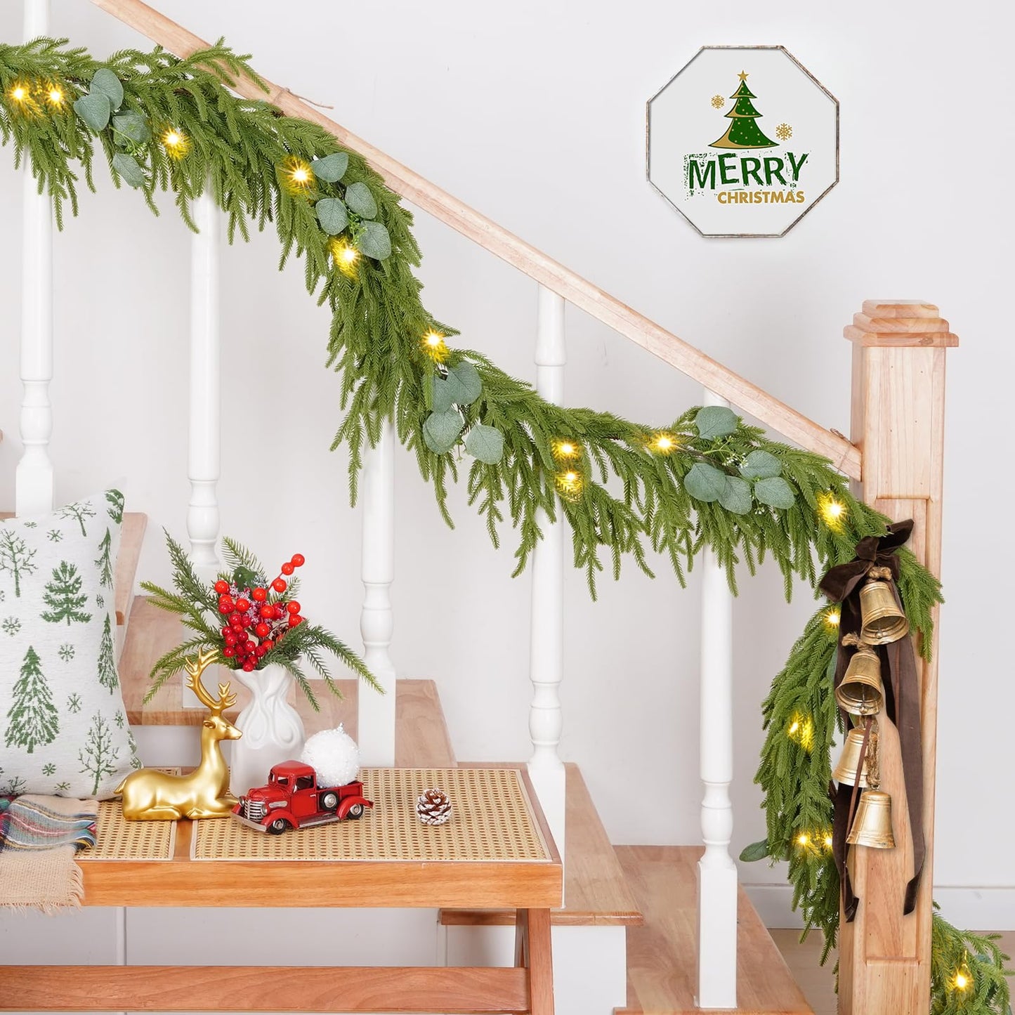 Waipfaru Christmas Norfolk Pine Garland with Lights, 6FT Real Touch Pine Christmas Decoration, Artificial Faux Cedar for Home Decoration