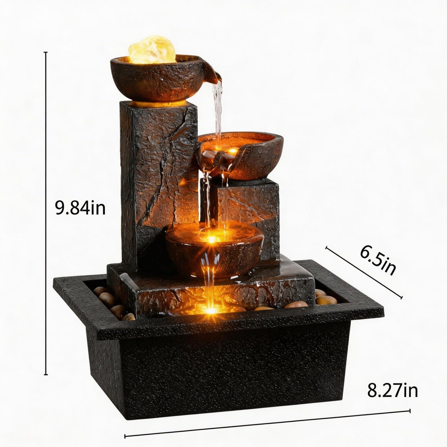 Tolevoit Three Bowls with Rotating Ball Flowing Tabletop Fountain Home Décor Indoor Decor Waterfall Sound Zen Mini Fountain Warm Led Light Pebbles Stone(23114)