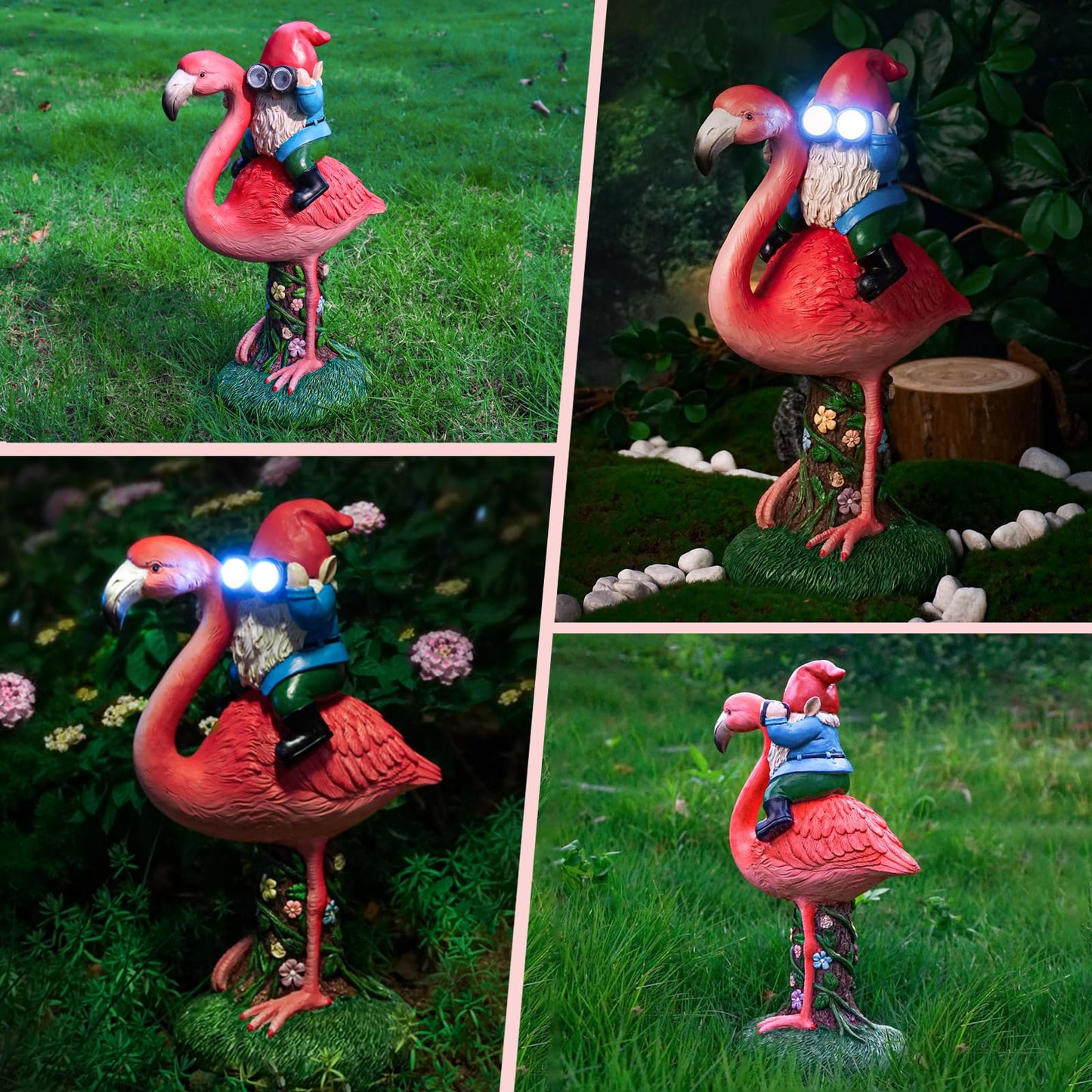 ArtTerpnica Solar Flamingo Gnome Garden Decor Statue, Outdoor Funny Solar Light Decoration for Yard, Patio, Lawn, Unique Housewarming, Birthday Gift for Women, Mom, Grandma