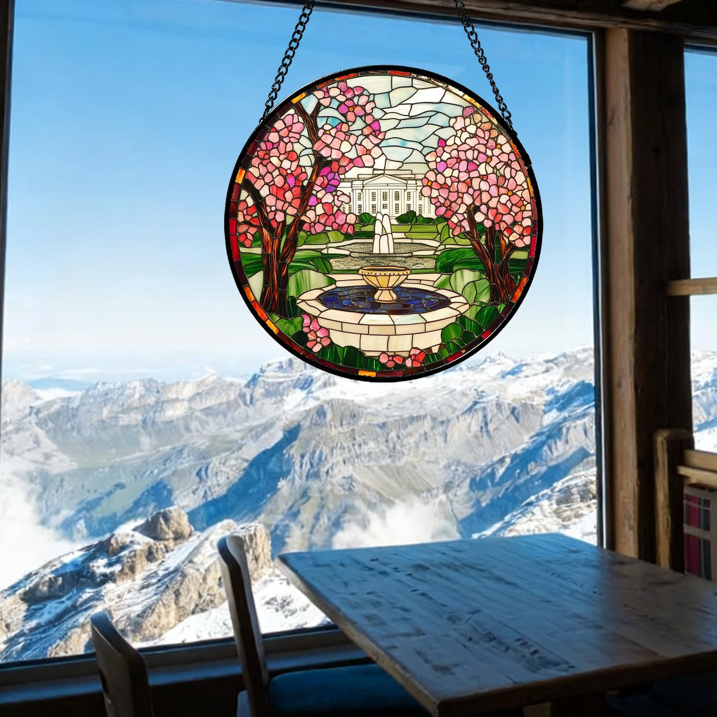 CHATYOUNG Stained Glass Window Hanging White House Cherry Blossoms Large 11.8" - Landscape Suncatcher Door Garden Home Decor and Christmas Mother's Day Birthday Gifts Grandma Mom Nana Women Friend