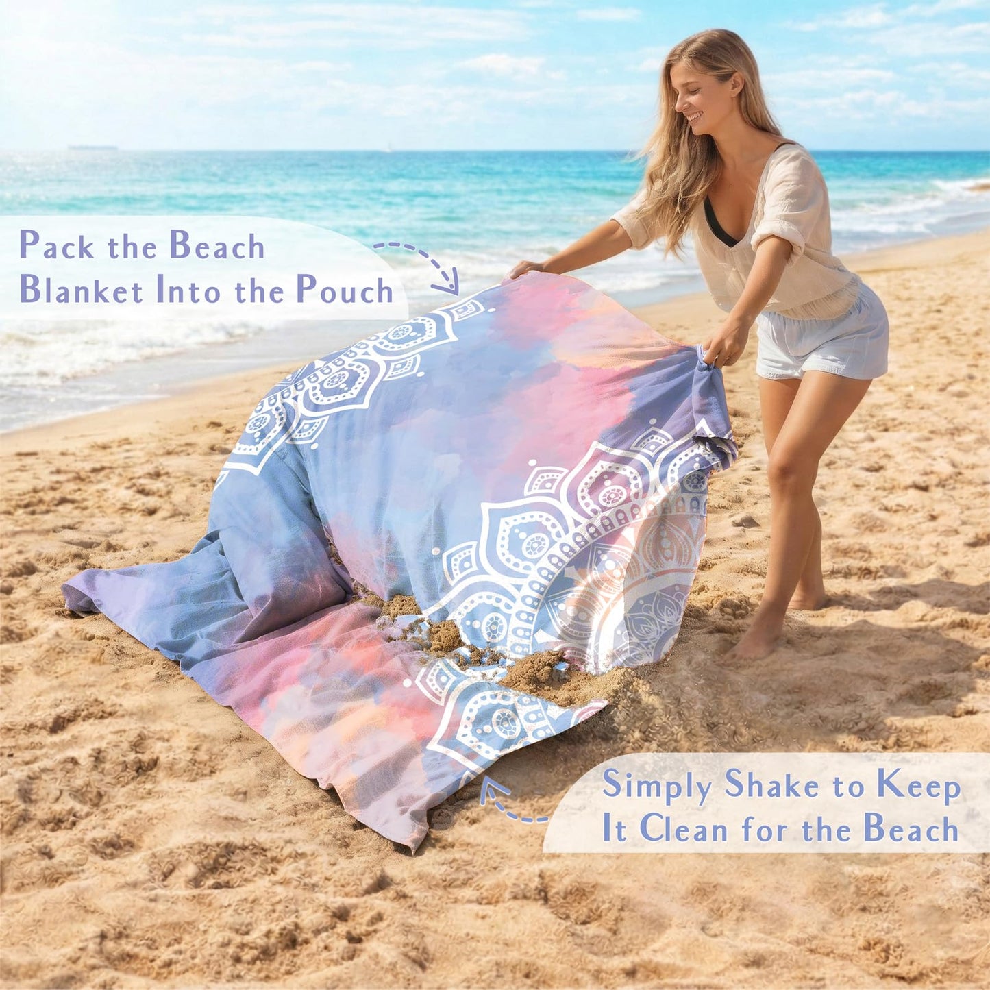 AlphaBeing Beach Blanket Waterproof Sandproof, Extra Large Beach Mat for 1–8 Adults, Oversized Picnic Blanket with 4 Stakes & Storage Bag, Essential Beach Gear for Travel (Mandala, 120“×108”)