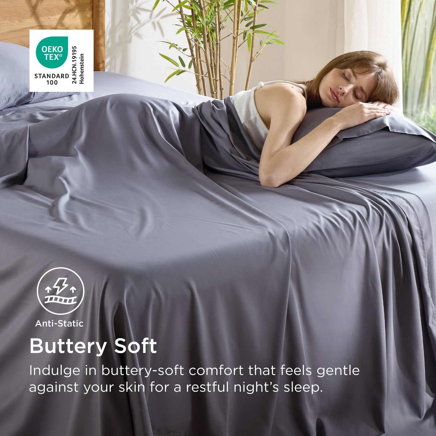 Bedsure Queen Sheet Set, Cooling Sheets for Queen Size Bed Set, Rayon Derived from Bamboo, PureWoven, Breathable & Soft, Deep Pocket Up to 16", Hotel Luxury Silky Bedding for Hot Sleepers, Dark Grey