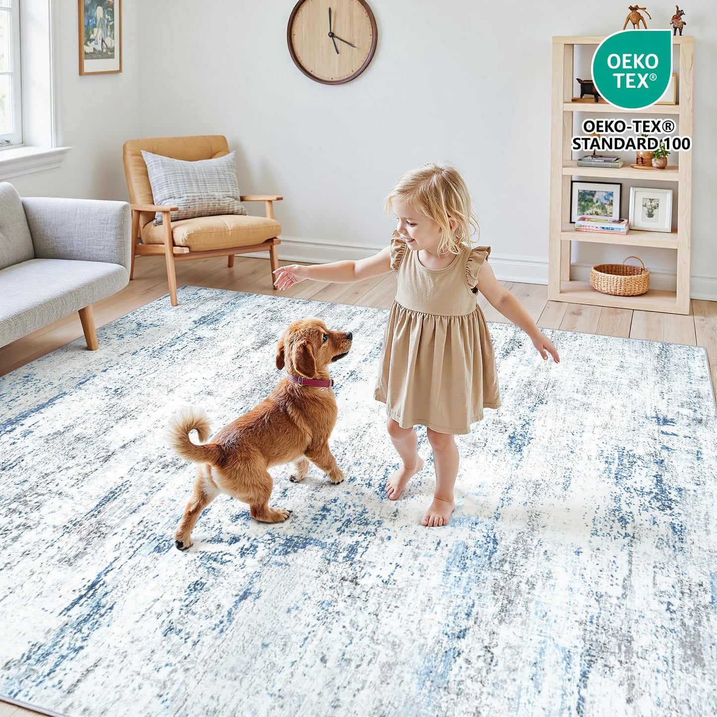 Area Rug Living Room Rugs: 5x7 Large Soft Indoor Carpet Modern Abstract Rug with Non Slip Rubber Backing for Under Dining Table Nursery Home Office Bedroom White Gray Blue
