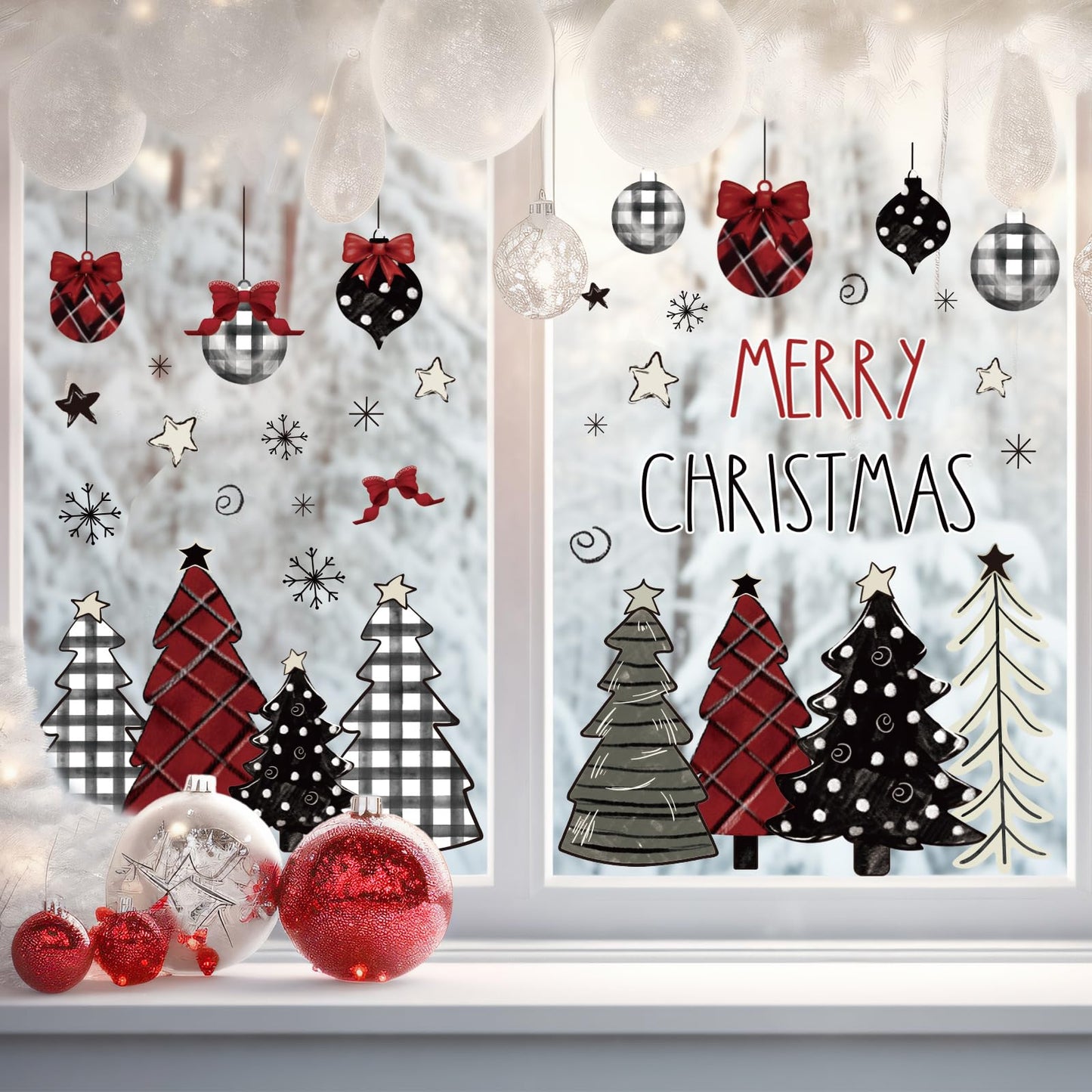 Whaline 9 Sheets Merry Christmas Window Clings Red Black Xmas Tree Ball Snowflake Window Stickers Plaid Polka Dot Design Double-Side Glass Decals for Home Party Decorations, 7.9 x 11.8 Inch