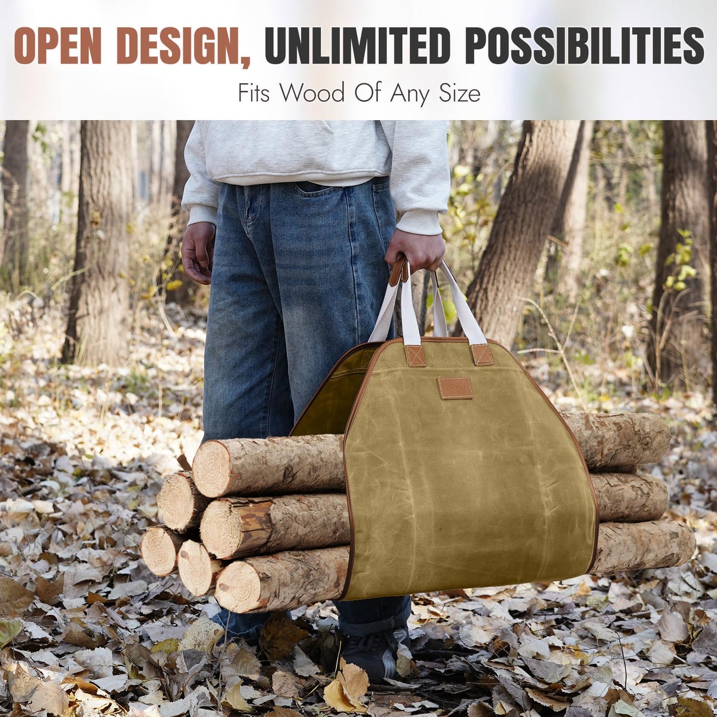 INNO STAGE Canvas Log Carrier Bag,Durable Wood Tote,Fireplace Stove Accessories,Extra Large Firewood Holder with Handles for Camping (44" L x 21" W-Khaki)