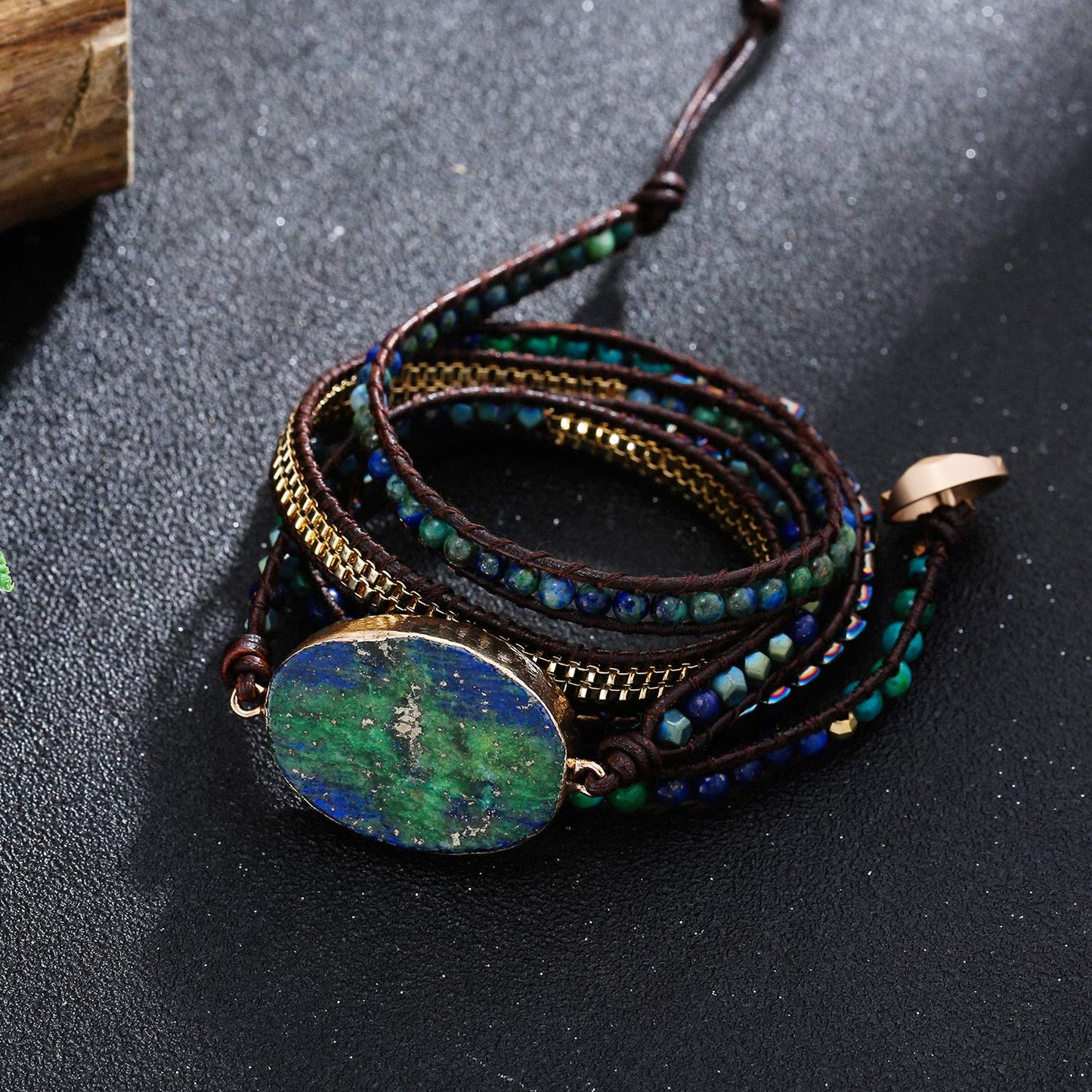 Plumiss Boho Leather 5 Wrap Natural Stone Chrysocolla Bracelet Handmade Gemstone Beaded Bracelet Jewelry Collection
