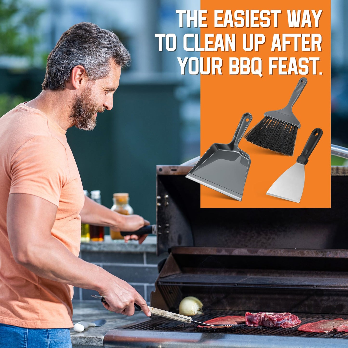 Gulfmew 3 Piece Pellet Grill Ash Cleaning Kit, Includes Large Dust Pan, Soft Bristle Brush and Metal Scraper for Easy Removal of Ash, Debris and Grime