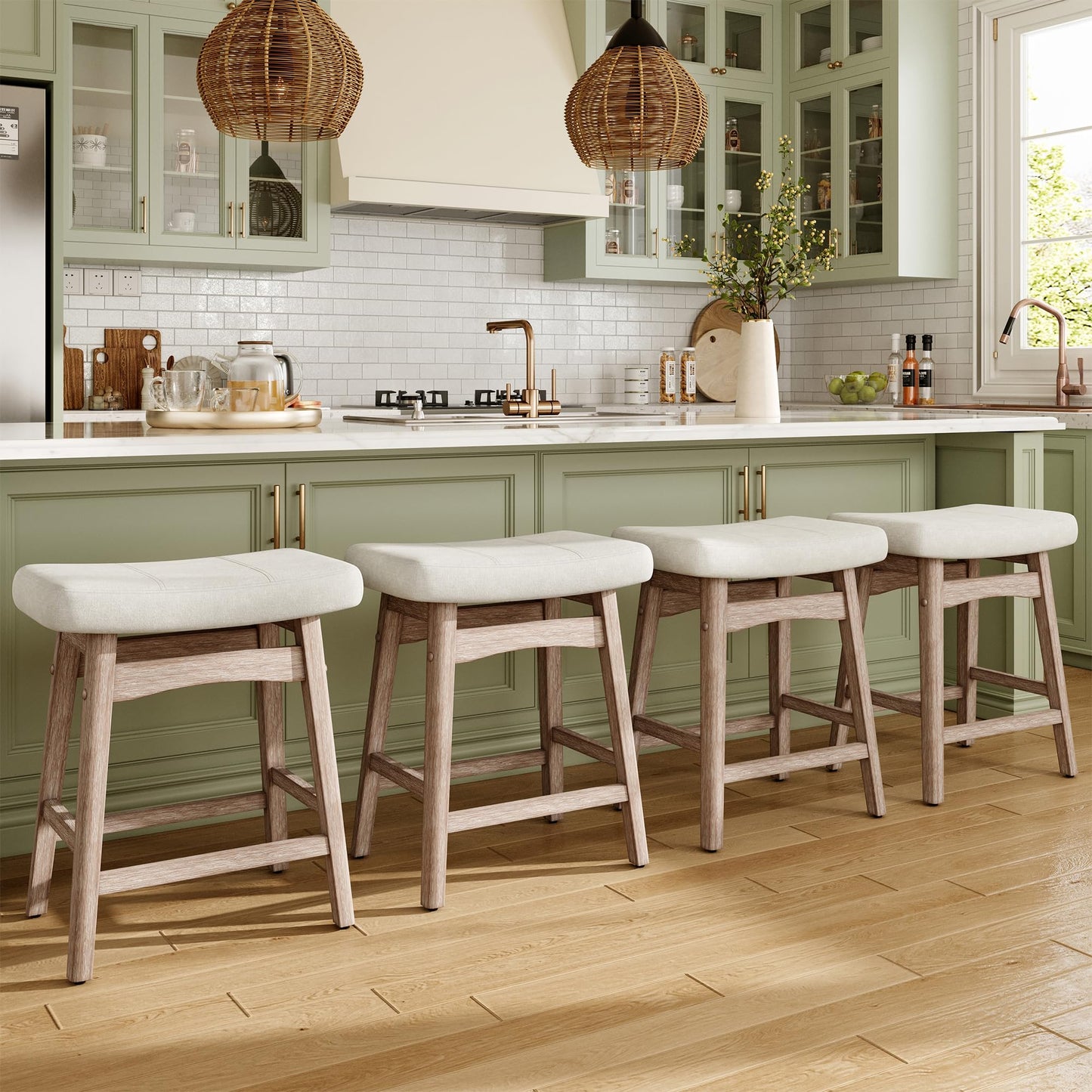 MAISON ARTS Counter Height Bar Stools Set of 4 for Kitchen Counter Solid Wood Legs with Fabric Saddle Seat Farmhouse Barstools for 34"-38" Counter Island Upholstered Stools, 24in, Creamy White