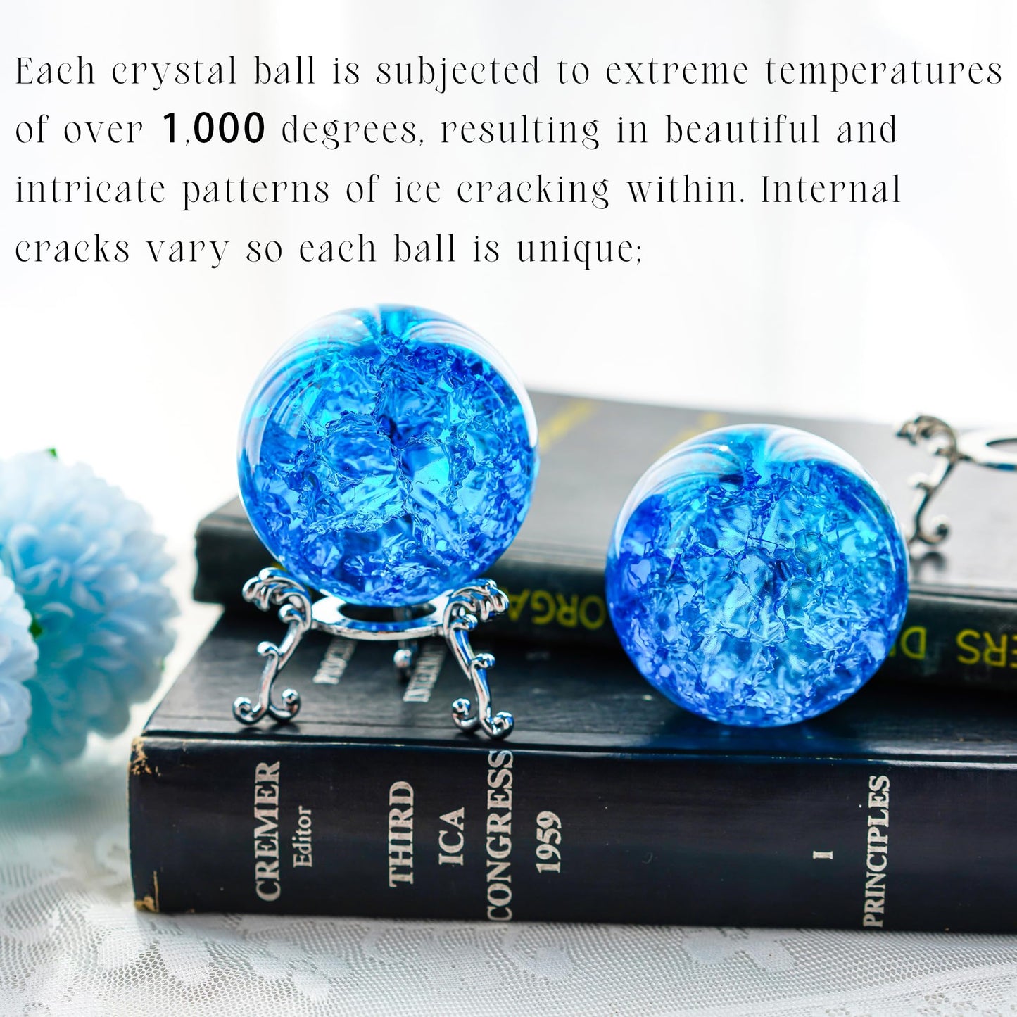kanpura 60mm Ice Cracked Crystal Ball Paperweight Crystal Ball with Stand Glass Ball Ornament for Christmas Home Decor(Blue)