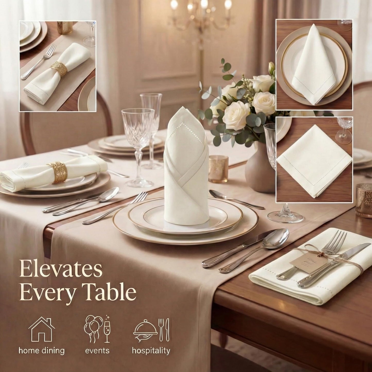 Urban Villa Cloth Napkins 100% Cotton Highly Absorbent Washable Reusable Premium Dinner Napkins Ideal for Gifts for Mothers Day Hotel Farmhouse Parties - Ivory Hemstitch (20" x 20", Set of 12)