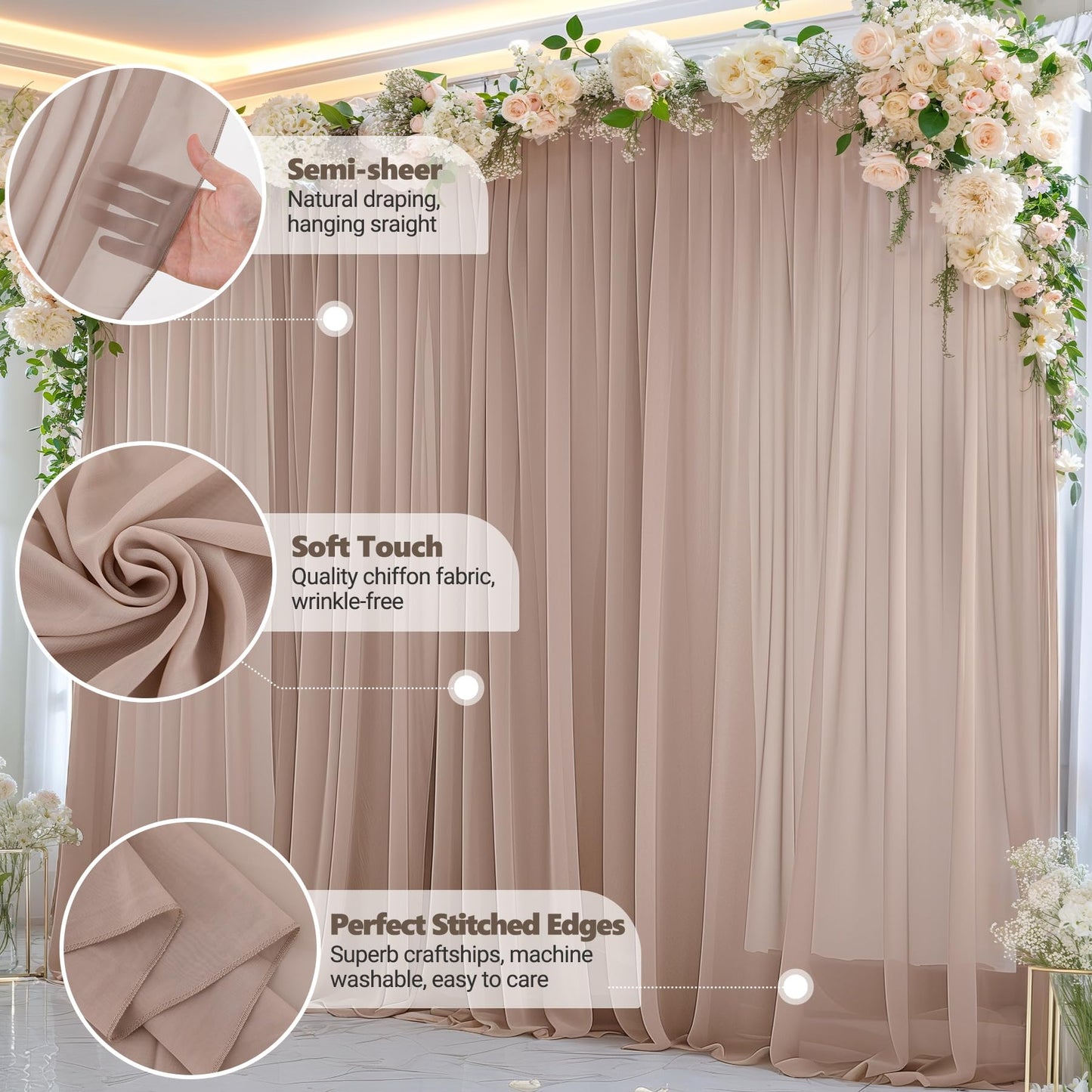 10ft x 10ft Taupe Backdrop Curtain Drapes, Wrinkle-Free Sheer Chiffon Fabric Photo Backdrop Panels for Wedding Arch Party Ceremony Stage Photo Backgrounds