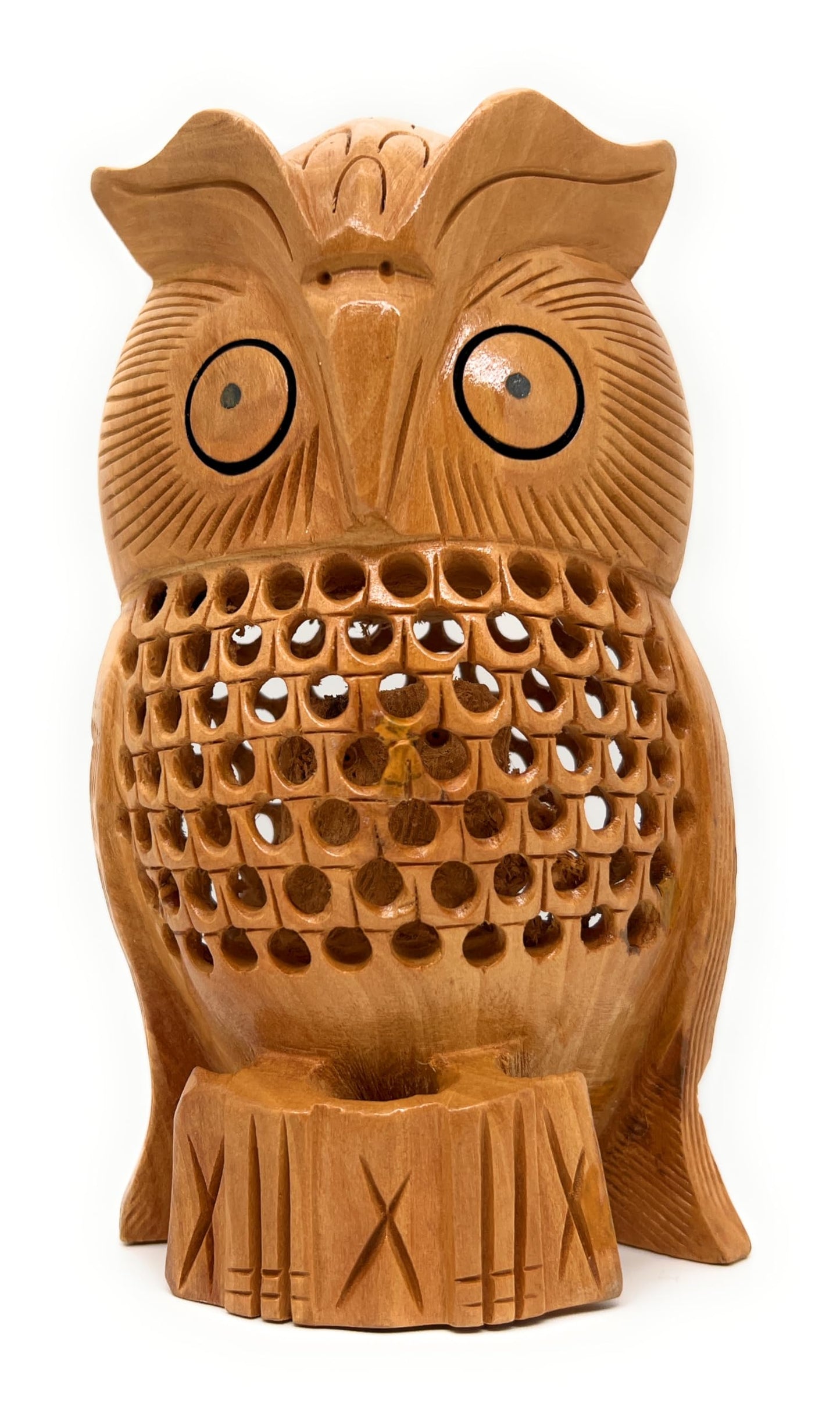 South Asian Handicrafts Handmade Cedar Wood Undercut Owl, Aromatic Natural Carving, Artisanal Family Decor & Unique Gift, Decorative Jali Cutwork Design (Owl)