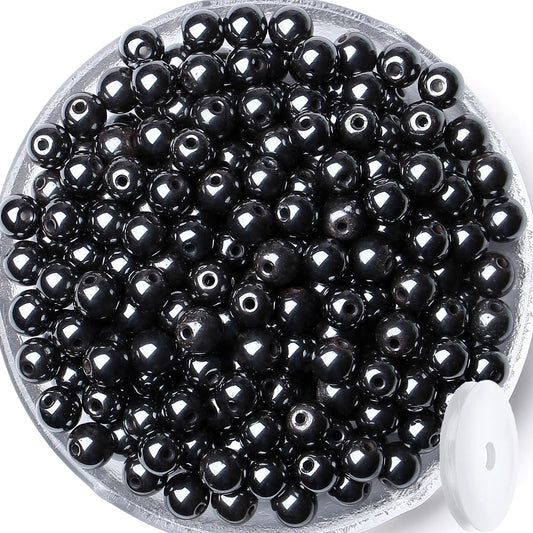 QINJIEJIE 100PCS Black Hematite Beads 8mm Natural Stone Beads Round Loose Gemstone Bead for Bracelet Beading Crystal Jewelry Making DIY Necklace Earrings 0.32"