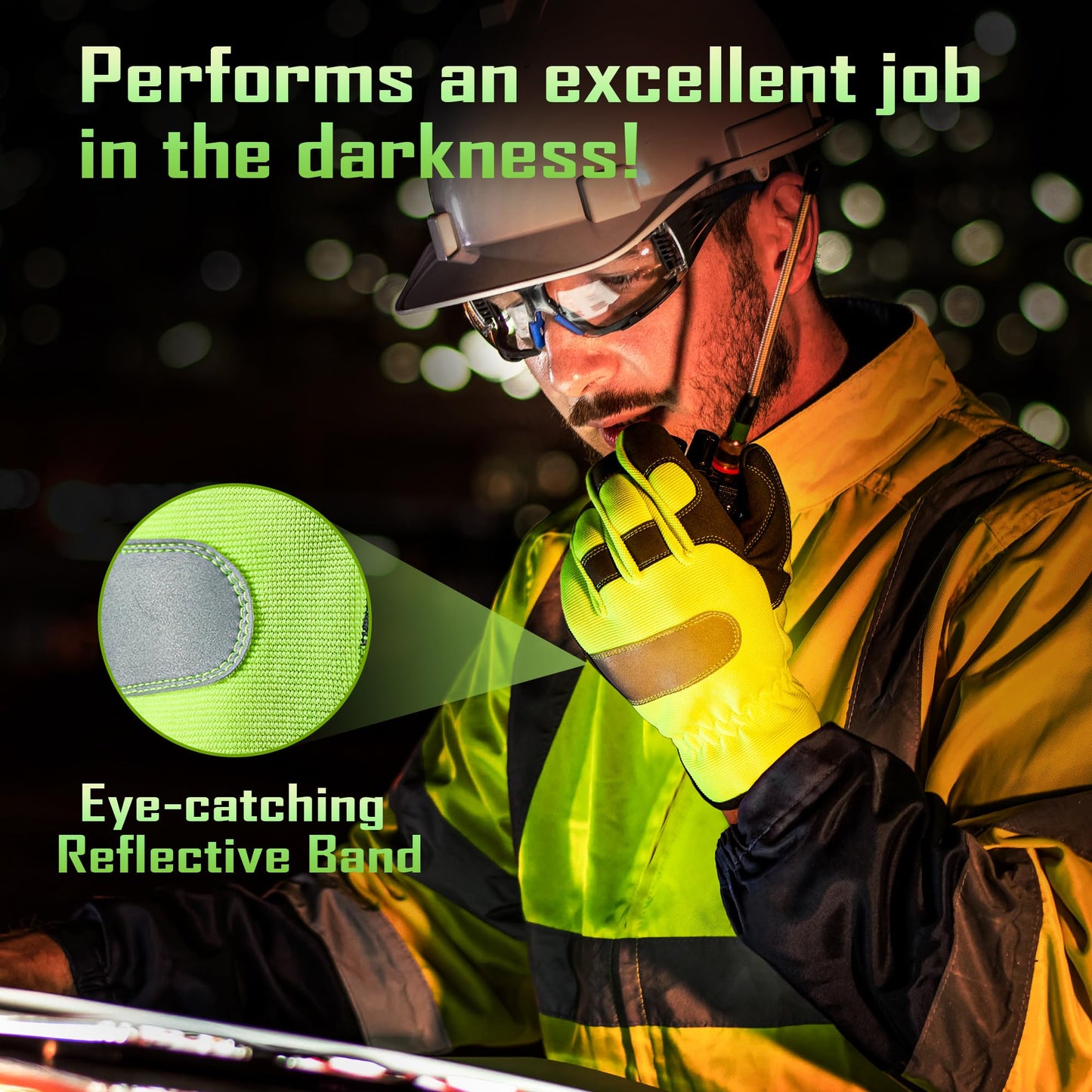 COOLJOB Hi-vis Reflective Safety Work Garden Gloves for Men Women, Faux Leather Utility Mechanic Gloves with Grip, 2 Pairs, Medium, Yellow