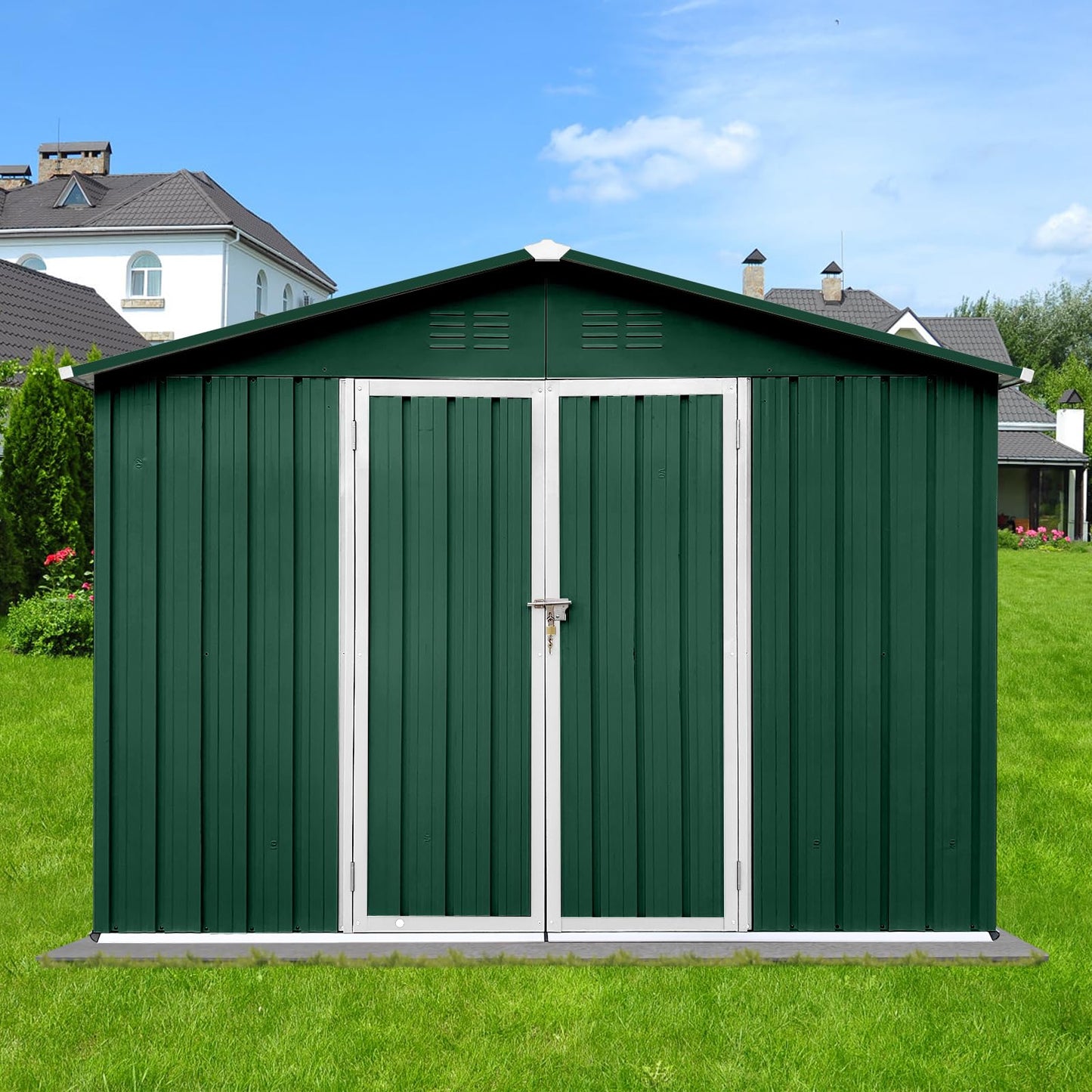 KTATK 10x8 FT Metal Garden Sheds with Hinged Door and Padlock & Punched Vents,Aluminum Outdoor Storage Shed w/Eco-Friendly Painting,for Bike, Barbeque,Tool,Green+White
