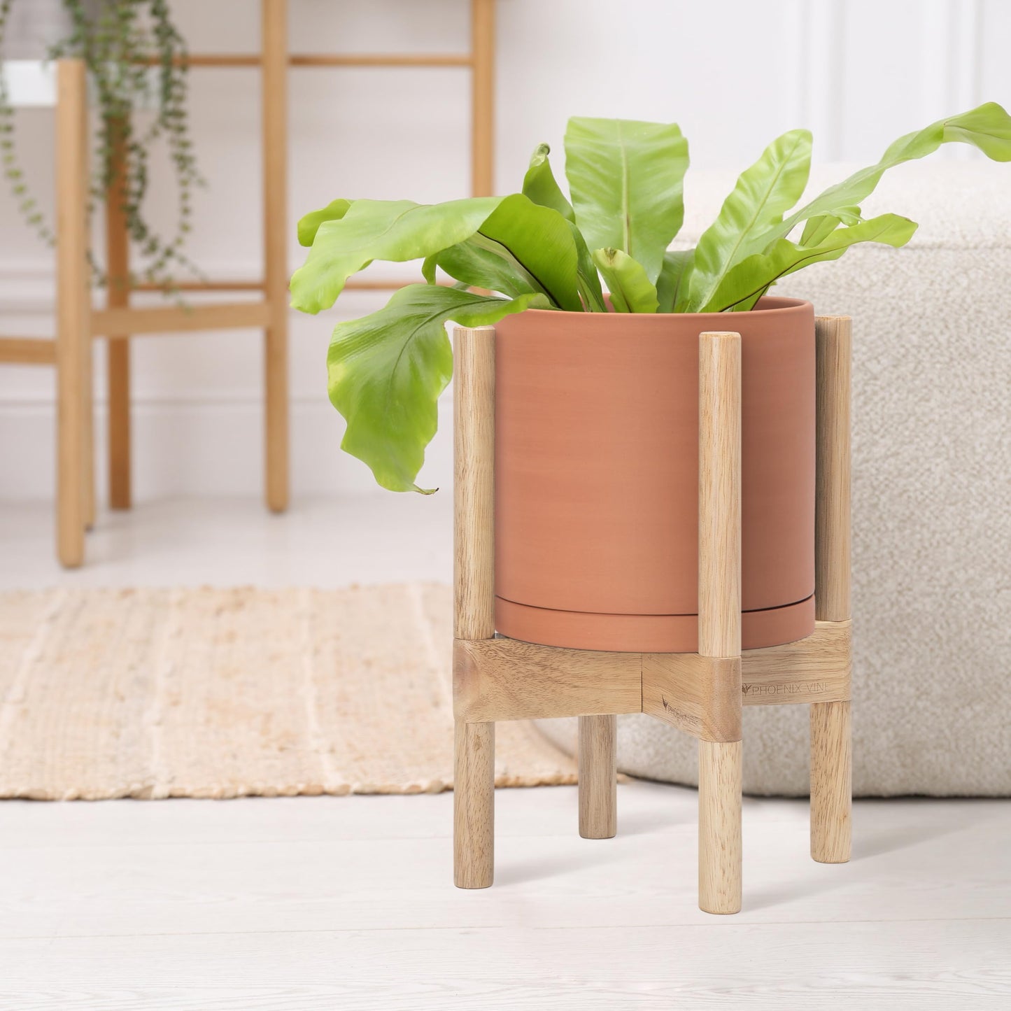 D'vine Dev Terracotta Planter with Natural Stand - 8 Inch Modern Round Flower Pot with Wood Planter Holder, Terracotta, 55-B-N-5