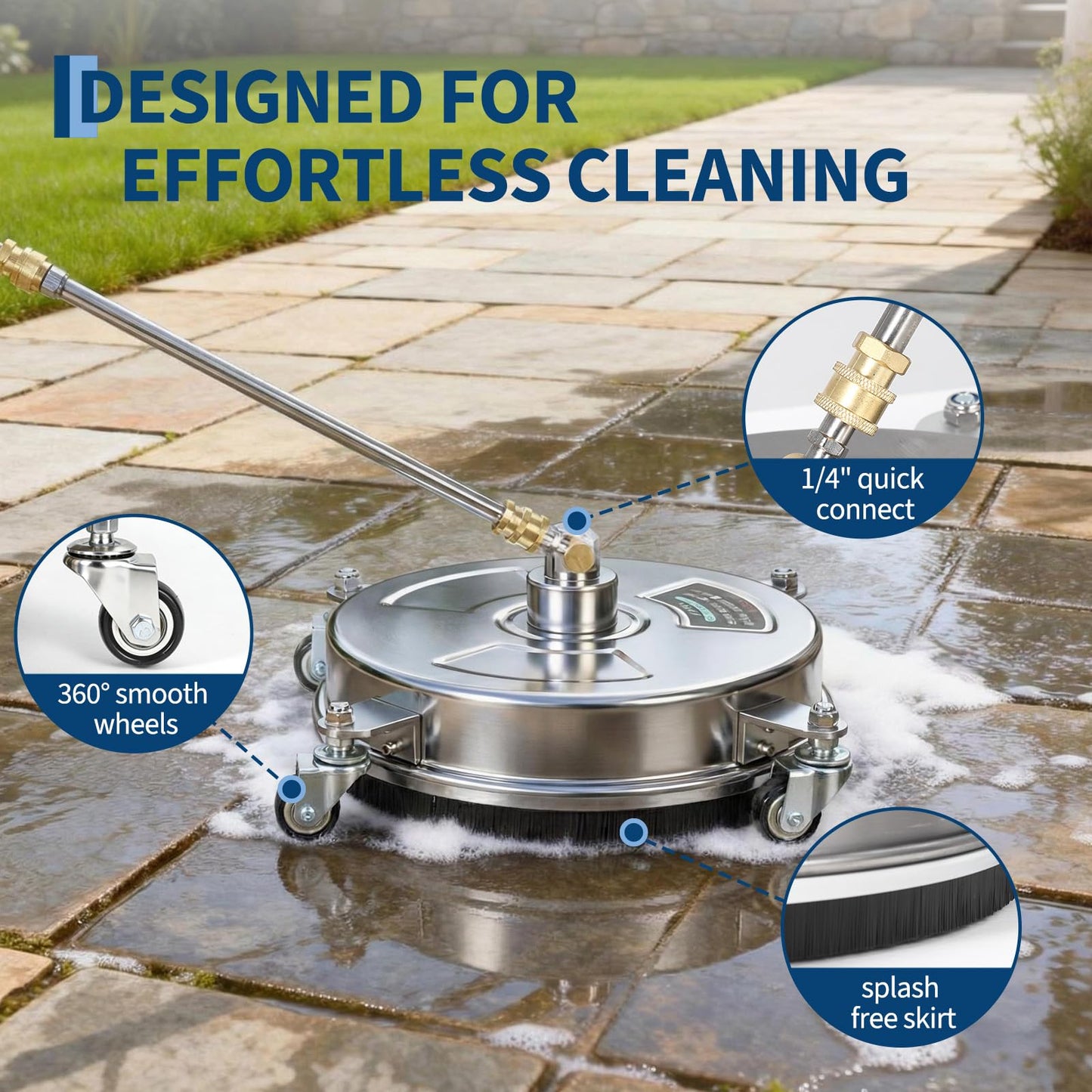 Garvee 16.5" Pressure Washer Surface Cleaner with 4 Wheels, Stainless Steel Surface Cleaner for Pressure Washer Attachment for Patio, Sidewalk, Deck and Driveways