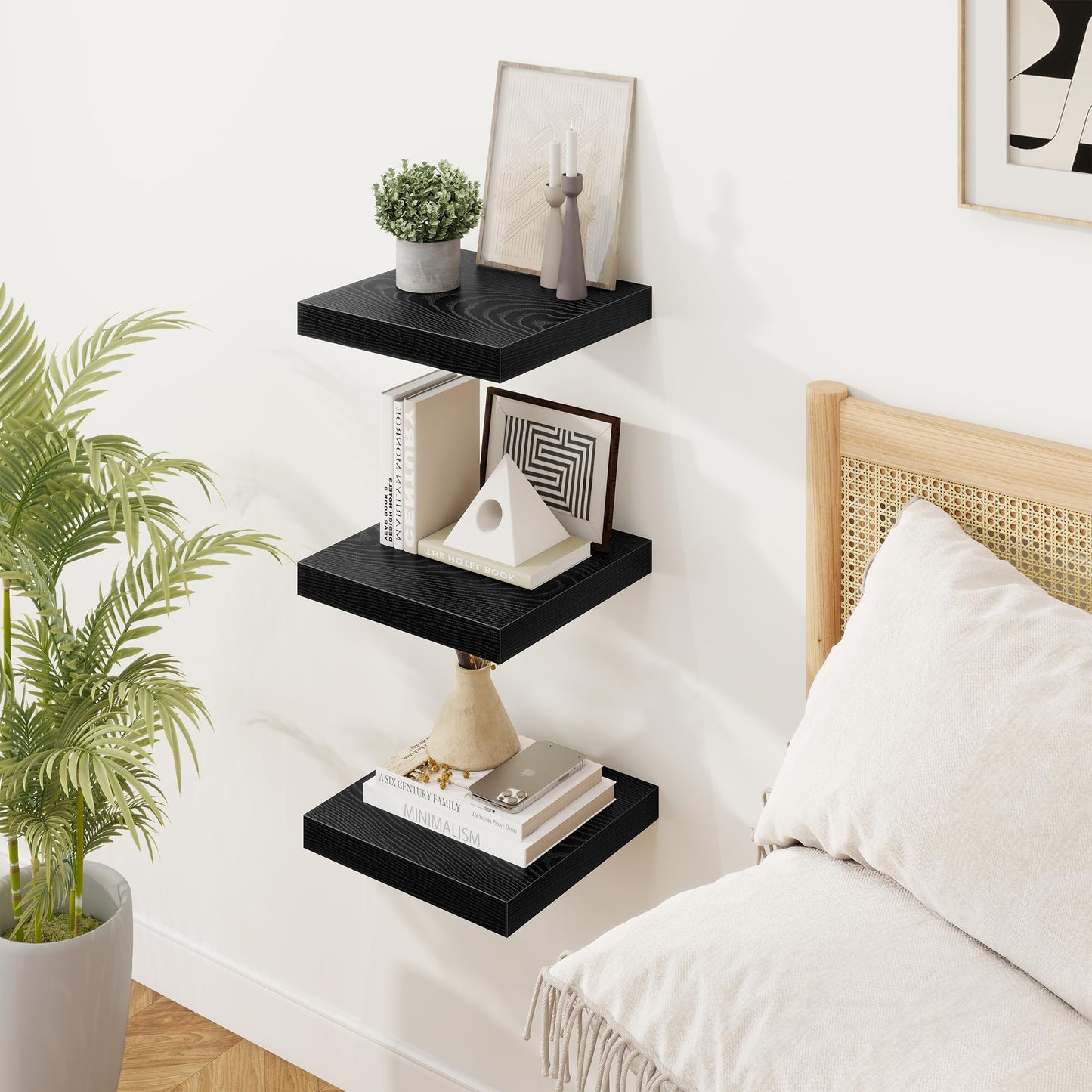 Square Floating Shelves for Wall, 11.5"W x 11.5"D x 1.25"H, 3 Pack Small Wall Mounted Engineered Wood Shelves with Invisible Brackets for Living Room, Bedroom, Bathroom, Kitchen Decor, Black