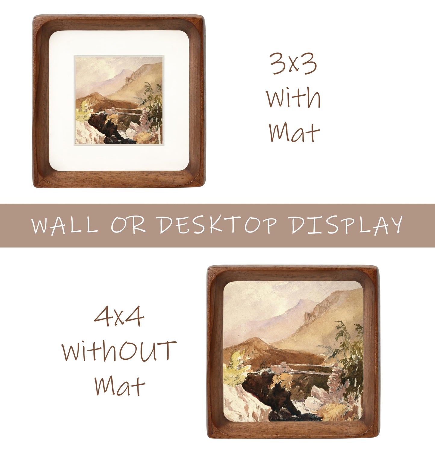 Gdfmsc Square 4x4 Picture Frame with Mat for 3x3, Natural Walnut Wood Handcrafted Rounded Corner with Real Glass, Vertical or Horizontal Display Photo Gallery Wall & Tabletop Frame