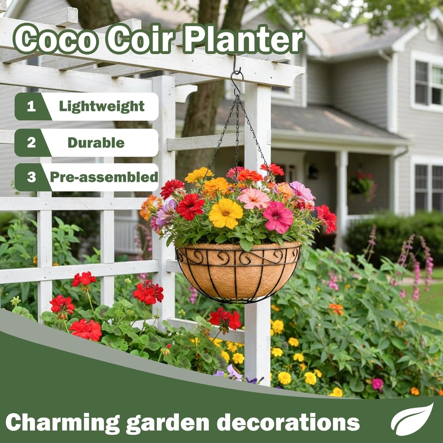 KIDYBELL 4 Pack 14 Inch Hanging Baskets for Plants Outdoor Metal Hanging Planter Basket with Coco Coir Liner Hanging Flower Pots Holder for Garden, Patio(Flower)