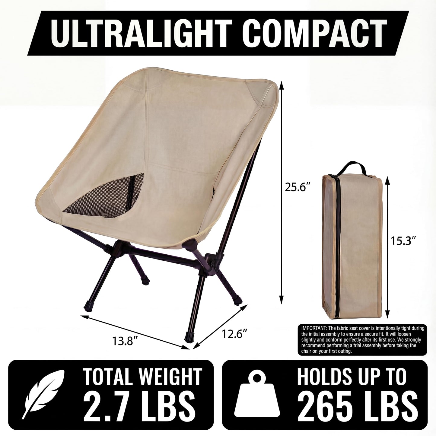 Toucans Camping Chair Portable Backpacking Chair - Ultralight Folding Chair - Compact, Lightweight Foldable Chairs for Hiking Mountaineering Beach (Beige)