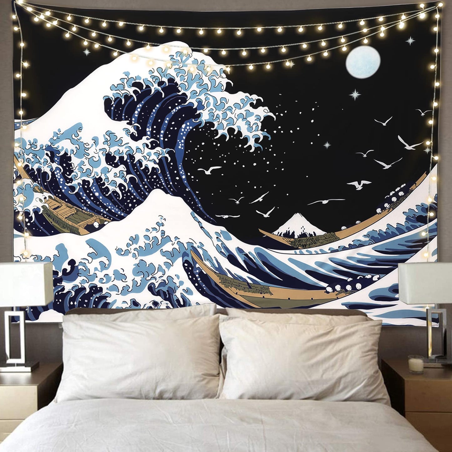 Pentasmile Wall Tapestry for Bedroom Aesthetic Japanese The Great Wave off Kanagawa Tapestries Large Trippy Tapestrys Black Art Tapistry Wall Hanging Decor Ceiling Tapastry (51ʺ × 59ʺ)