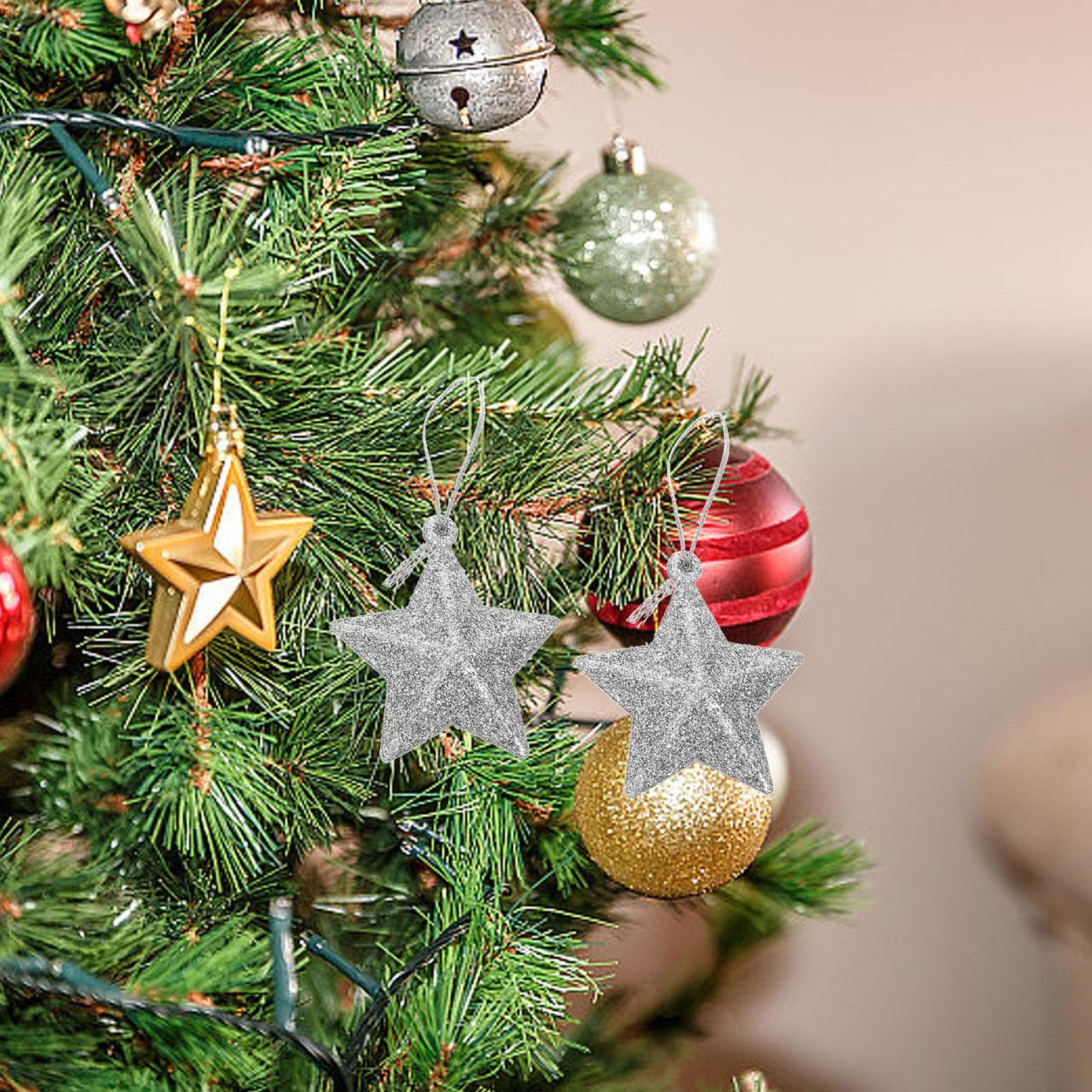 24Pcs Silver Glitter Star Ornaments Christmas Tree Mini Star Hanging Decoration Plastic Glitter Bulk Xmas Tree Pendant Embellishments for Holiday Parties Weddings Home Decoration