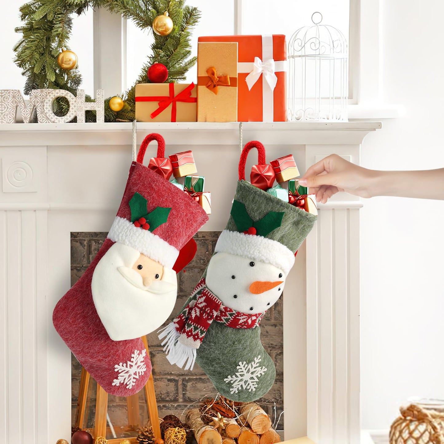 Fruasio 18.5 Inch Christmas Stockings for Hanging Set for 3, Large Xmas Fireplace Mantel Socks with Snowman, Reindeer & Santa, Classic Holiday Hanging Decorations for Home, Party & Gift Stuffers