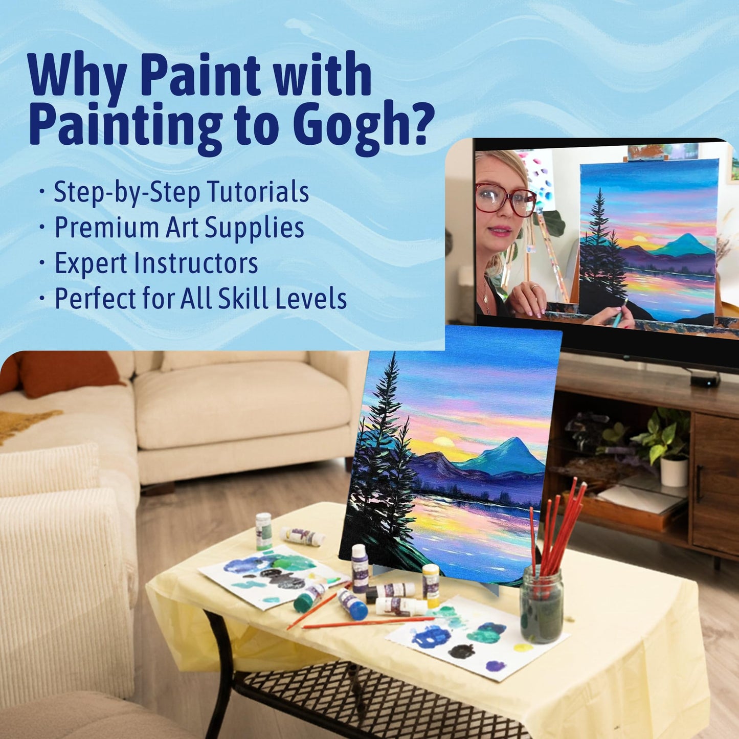 Painting to Gogh – Sunset Sonata - Painting Kit for Adults – 11x14 Canvas, 5 Paint Brushes, Acrylic Paints, Easel, Palette, Apron & Step-by-Step Video Tutorial – for Beginners& Art Lovers