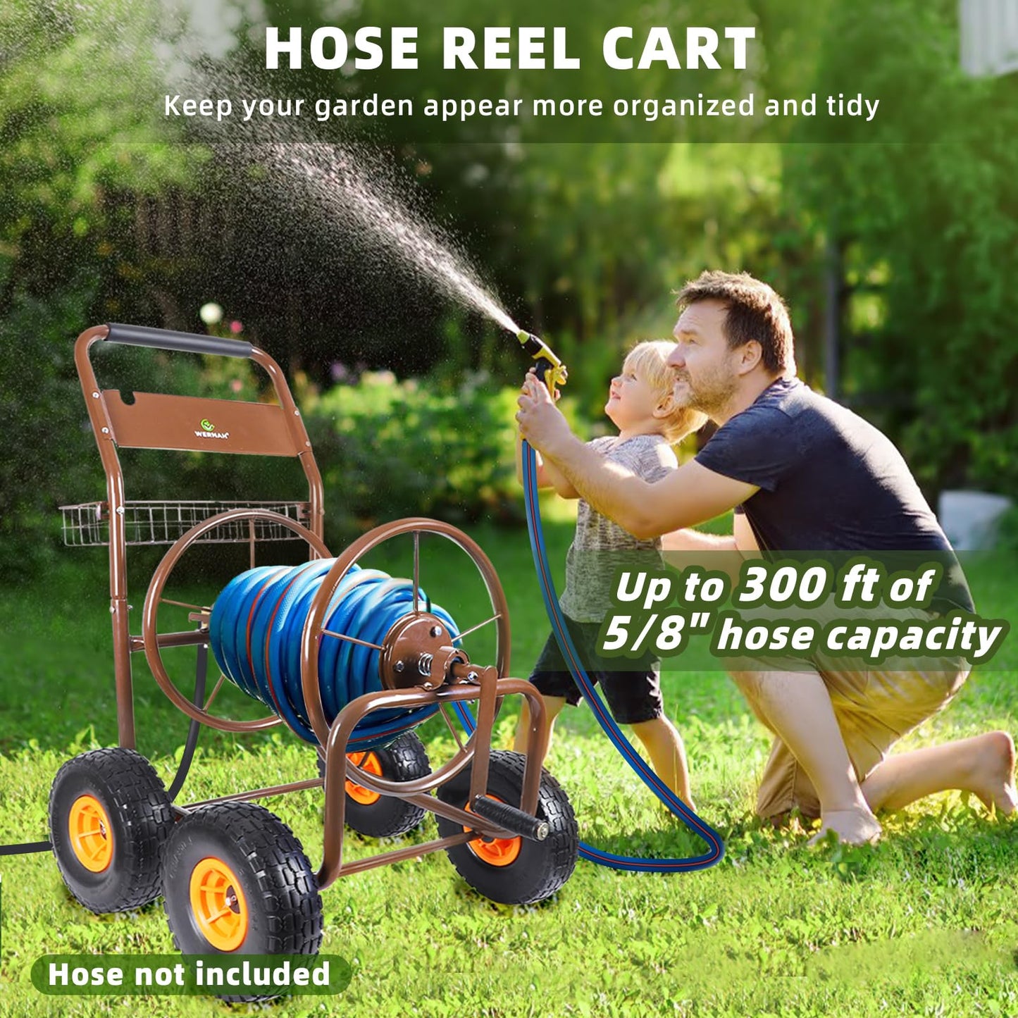 WERMAH 2025 Upgrade Hose Reel Cart, Hold Up to 300 ft of 5/8'', Garden Hose Cart with 4 Wheels, Heavy Duty Freestanding Water Hose Reels for Outside Garden Lawn Yard Outdoor