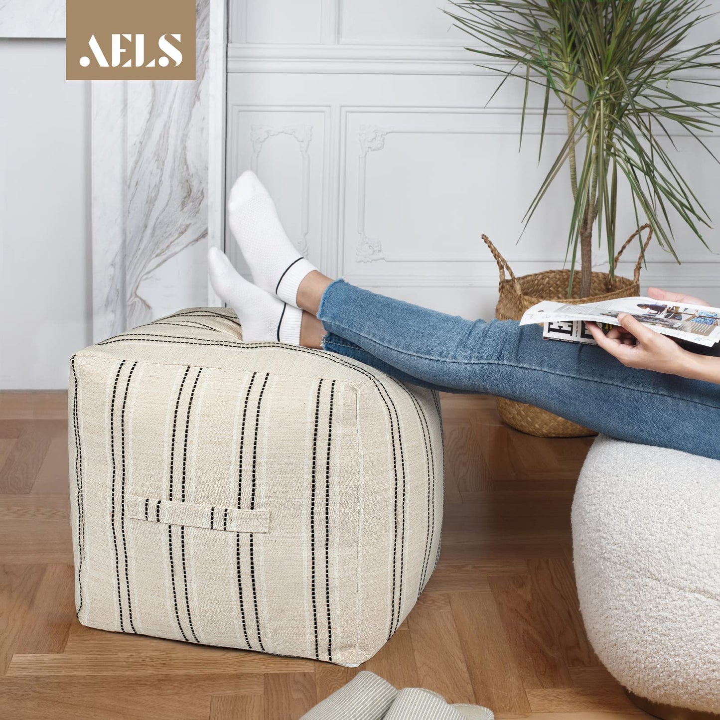 AELS Unstuffed Farmhouse Pouf Cover for Living Room, Boho Storage Bean Bag Cubes, Beige with Black Stitch Yarn Dyed Stripe Square Ottoman Pouf Foot Rest Footstool, 18"x18"x18", Cover ONLY