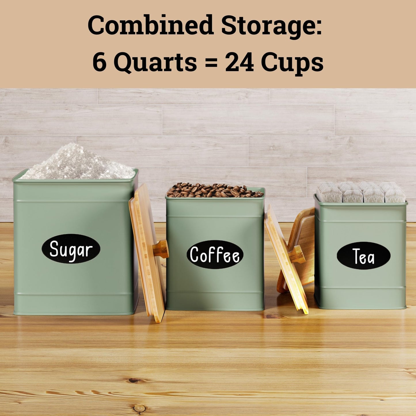 Kitchen Canisters for Countertop Set of 3 with Customizable Chalkboard Labels & Marker Pen - Big Iron Kitchen Canisters with Airtight Lids - Sage Green Canister Set - Flour and Sugar Containers