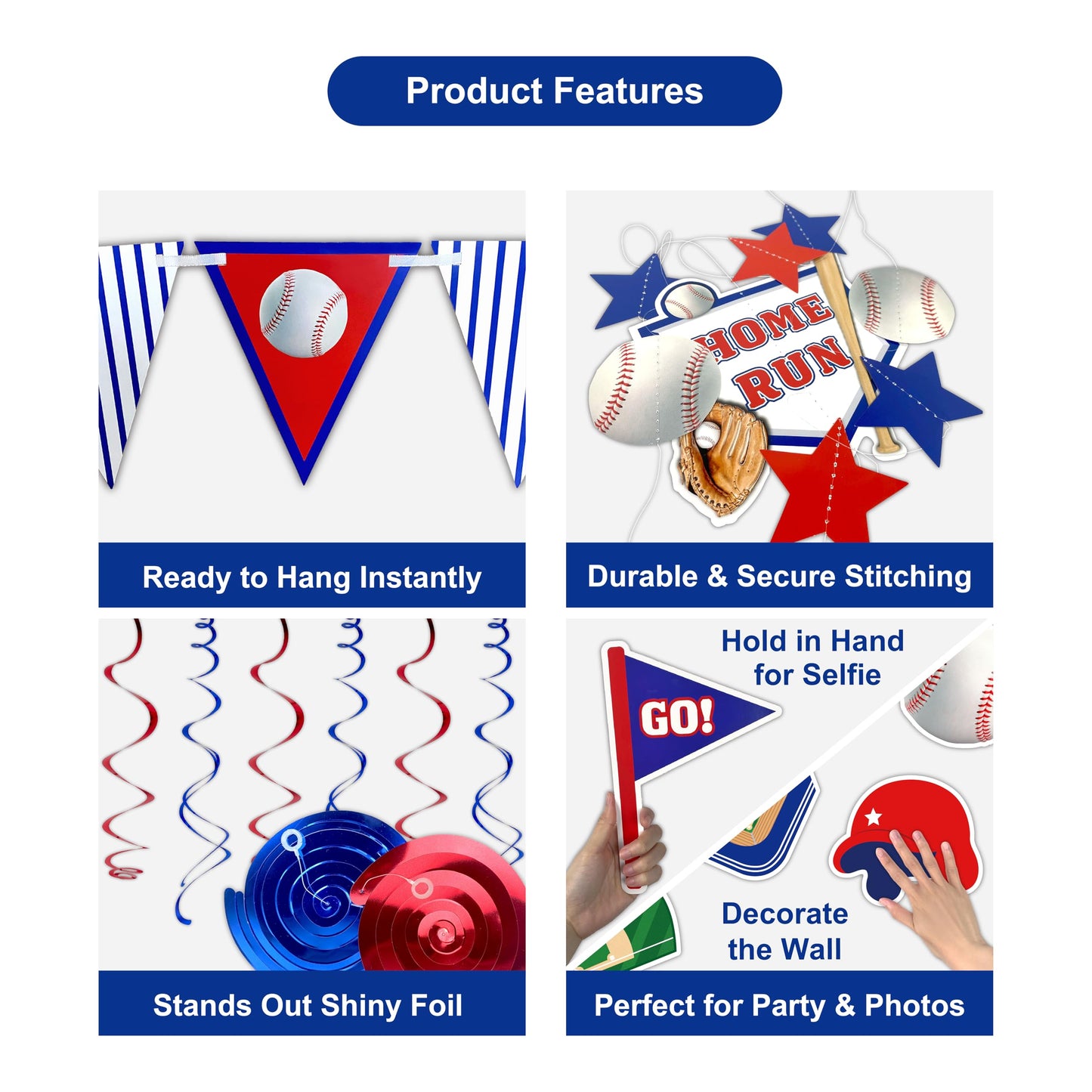 HonuGoGo Baseball Party Decorations, 33PCS Set with Game Time Backdrop, Paper Banners, Hanging Swirls and Cutouts, Red Blue White Baseball Themed Decor for Sport Events and Birthday Celebrations