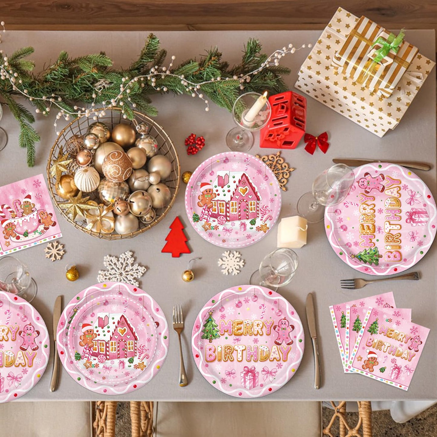 Oigco 120 Pcs Gingerbread Christmas Birthday Party Decorations, Includes Plates, Napkins, Cups, Cutlery for Gingerbread Christmas Party Decorations, Serves 20