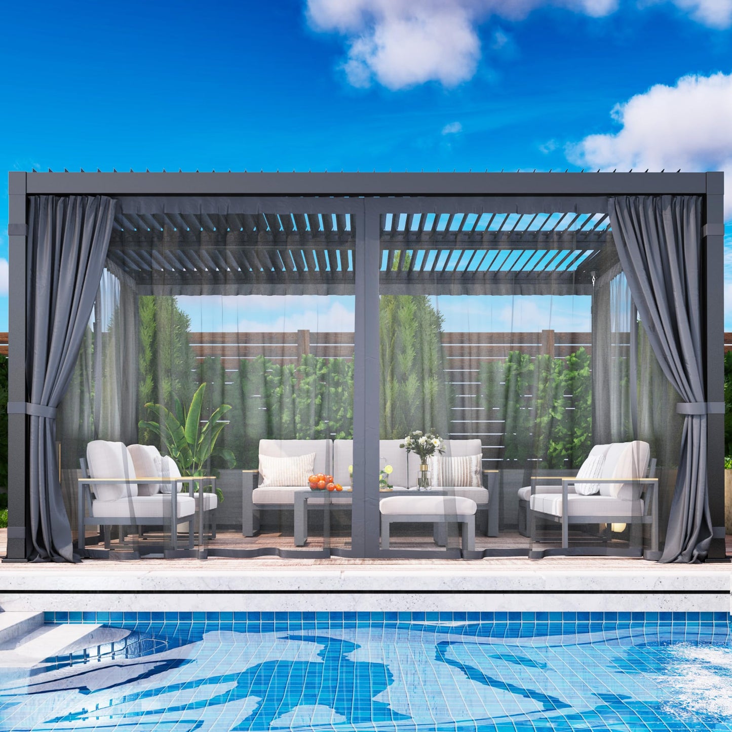 12' x 16' Louvered Pergola, Outdoor Pergola with Curtains & Netting, Metal Patio Pergola with Adjustable Louvers Roof and Gutter System, Metal Hardtop Gazebo for Patio, Deck, Garden, Yard, Dark Gray