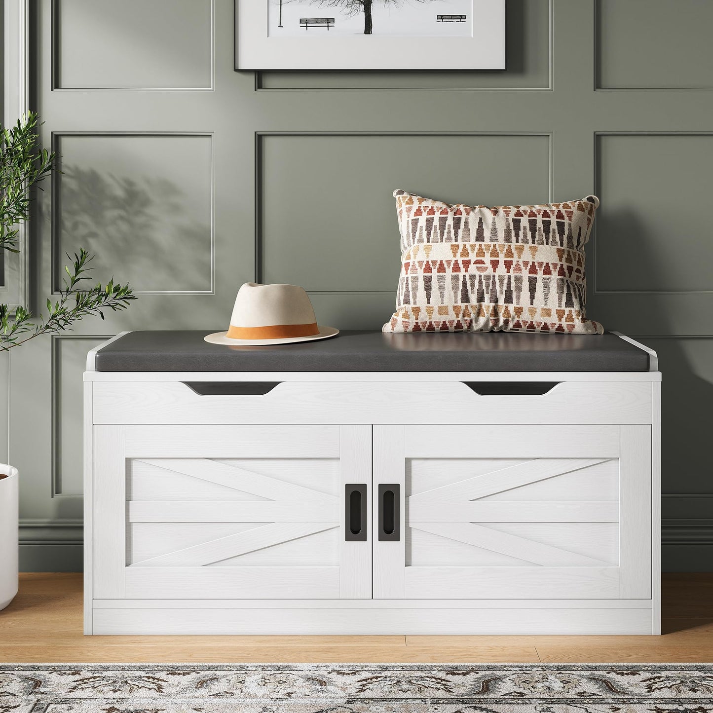IRONCK Shoe Bench with Lift Top Storage, 42.4" Entryway Bench with Wider Cushioned Seat, End of Bed Bench with Adjustable Shelf & 2 Doors for Hallway, Bedroom, White