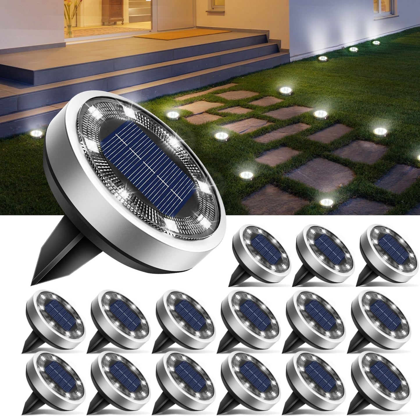 btfarm 16 Pack Solar Lights Outdoor, 8 LED Solar Ground Lights IP65 Waterproof Flat Solar Disc Light, Pathway Lights for Garden Lawn Patio Yard Path Landscape, Cool White