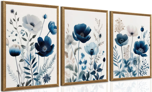 DUWQU 3 Pcs Blue Floral Canvas Wall Art, Wood Framed Navy Blue Wildflower Lily Daisy Wall Decor, Watercolor Botanical Flower Home Poster Art Prints for Living Room Bedroom Bathroom 12×16 Inches