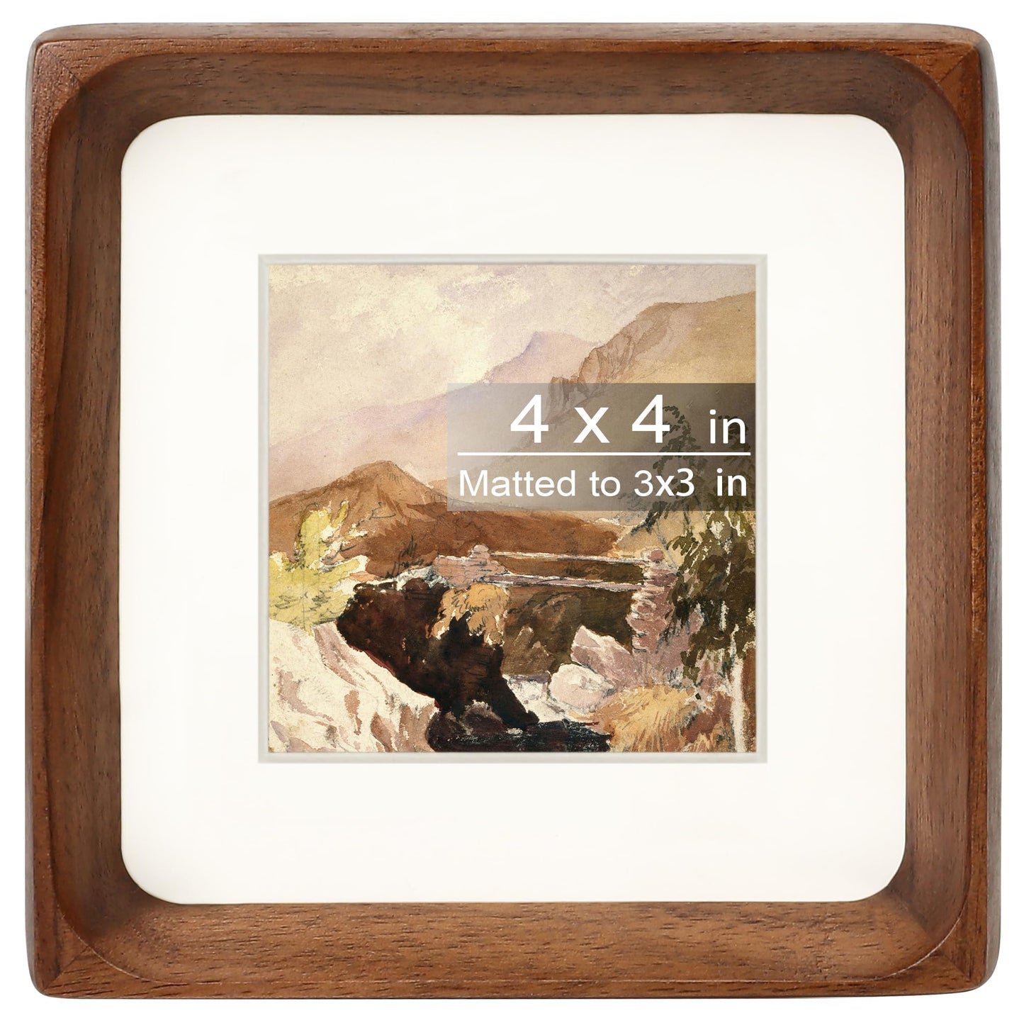 Gdfmsc Square 4x4 Picture Frame with Mat for 3x3, Natural Walnut Wood Handcrafted Rounded Corner with Real Glass, Vertical or Horizontal Display Photo Gallery Wall & Tabletop Frame