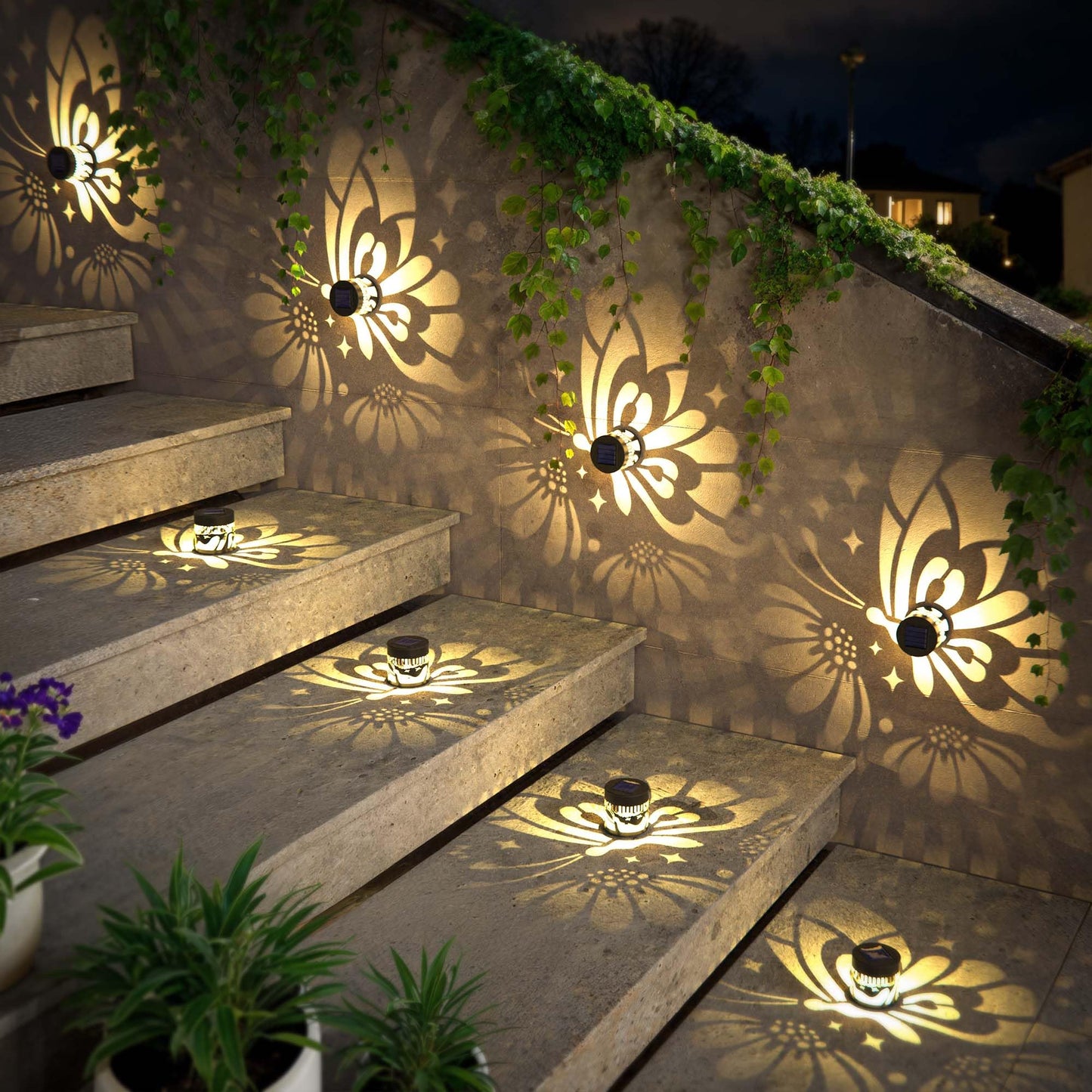 Hapjoy Solar Fence Lights 2 Pack Outdoor Deck Step Wall Lights Metal Waterproof LED Warm Yellow Light for Garden Post Patio Backyard Yard Decor (Butterfly-Flower, 2)