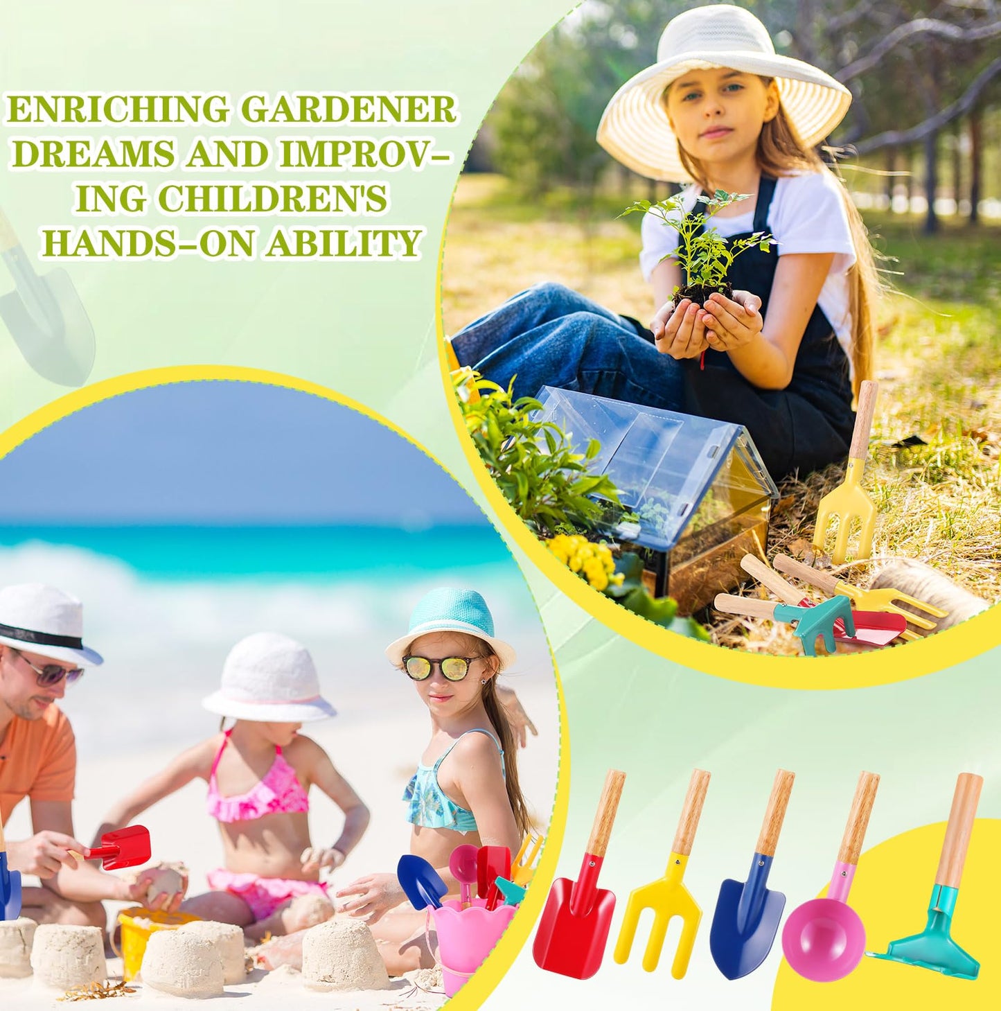 Motionchic 15 Pcs Children Beach Sand Toys Kids Gardening Tools Set Metal Including Shovel, Rake, Fork and Trowel, Summer Beach Sandbox Digging Toys with Wooden Handle Hoe for Kid Outdoor Gift