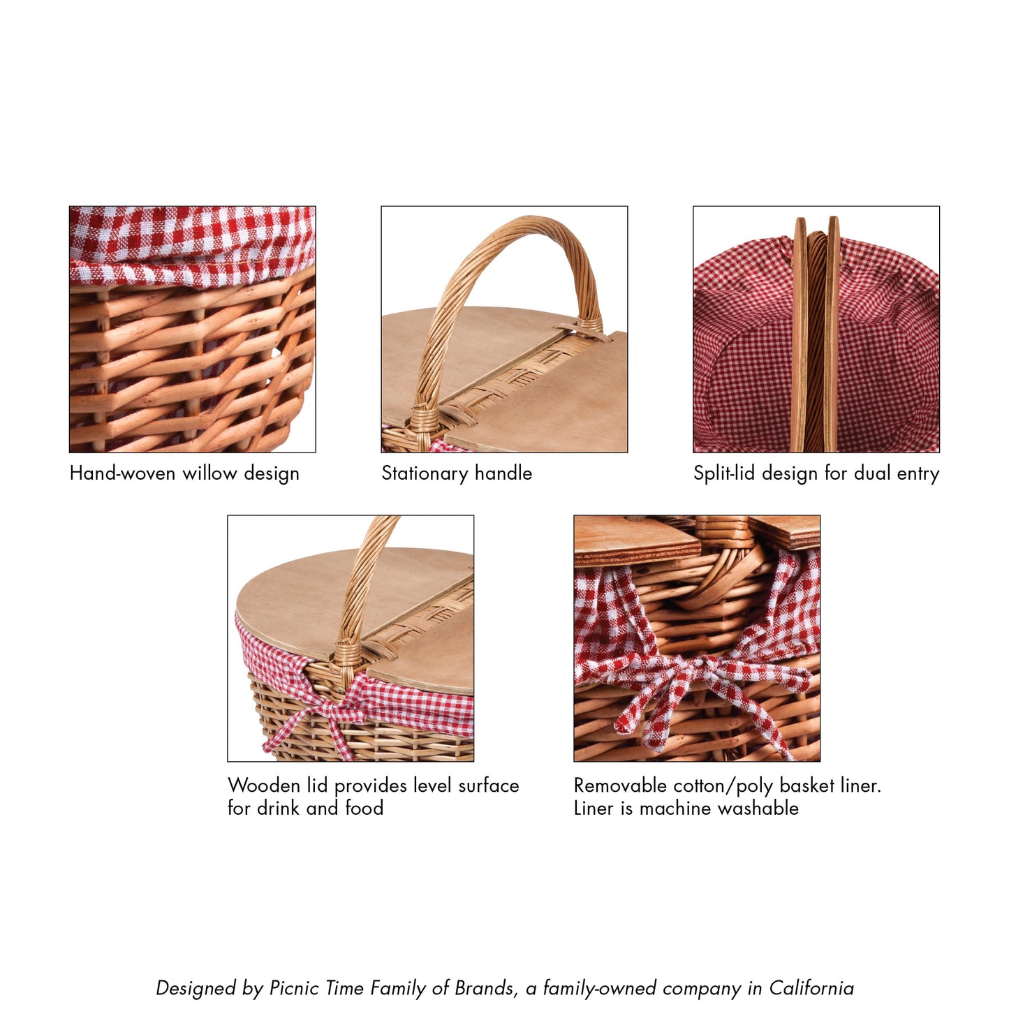 PICNIC TIME Country Picnic Basket, Sturdy Woven Wicker Basket with Customizable Split-lid Design and Removable and Washable Polycotton Vintage-Style Liner, (Red & White Gingham Pattern)