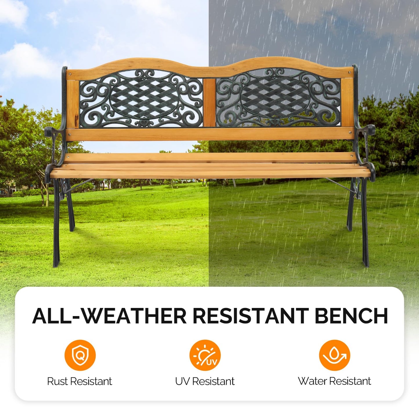 VINGLI Classic Cast Iron & Teak Arched Back Rectangular Outdoor Bench, 3-Seater, 470 lbs Capacity, Easy Assembly, Weather Resistant, 49.5" W x 20.5" D x 29" H