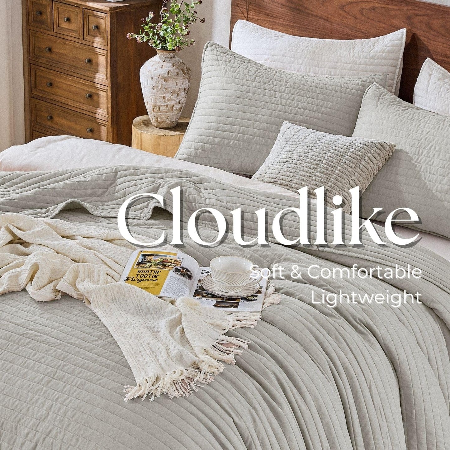DOWN HOME Queen Quilt Bedding Set with Shams, Vintage Washed Soft Quilted Blanket Thin Comforter Lightweight Bedspread Coverlet Bed Cover, Brushed Microfiber Stripe Stitching, Light Gray, 86"x90"