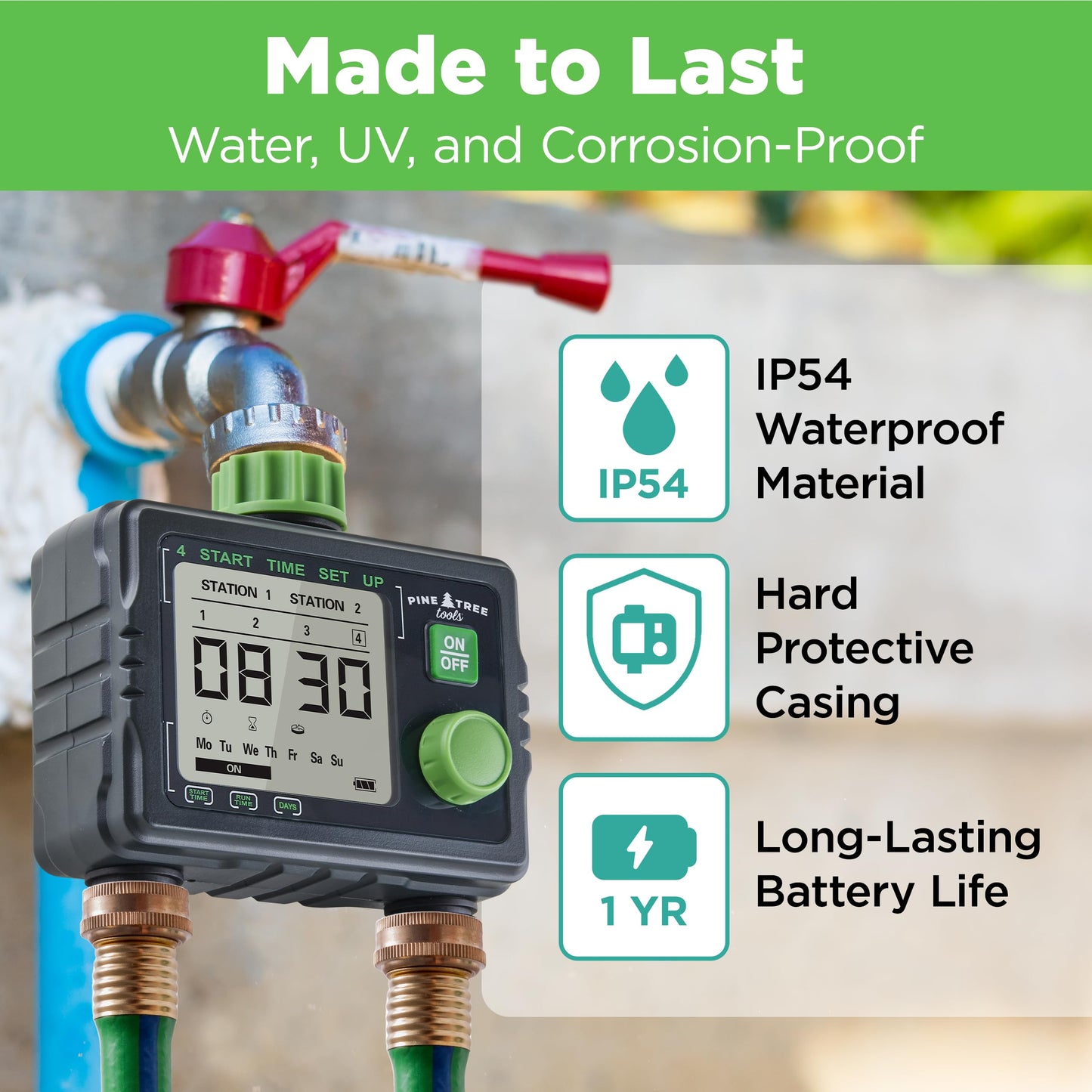 Pine Tree Tools Hose Timer - Programmable Water Timer for Garden, Automatic & Manual Watering System, Outdoor Faucet for Lawn, Garden & Yard, Battery Operated, 2 Outlet Hose Watering