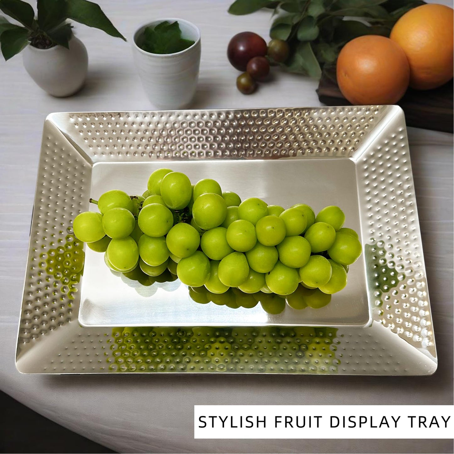 Olmaanseta Stainless Steel Rectangular Serving Tray,Multipurpose Hammered Silver Large Decorative Platters,Organizer Tray for Kitchen Or Bathroom