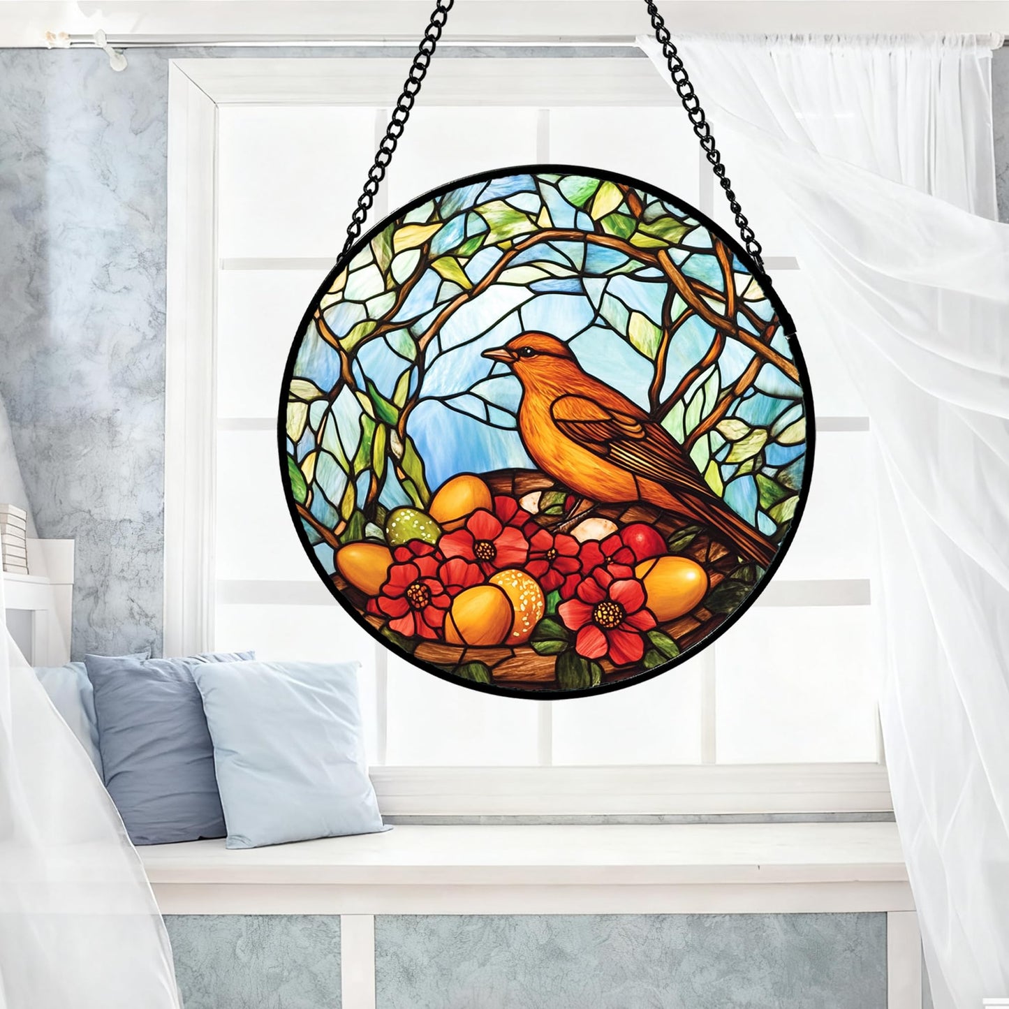 QZQCBLC Stained Glass Window Hanging Birds Build Nests On The Branches 6.3" - Suncatcher Door Garden Sun Catcher Decor Birthday Xmas for Bird Lovers Woman Men Nana Friend